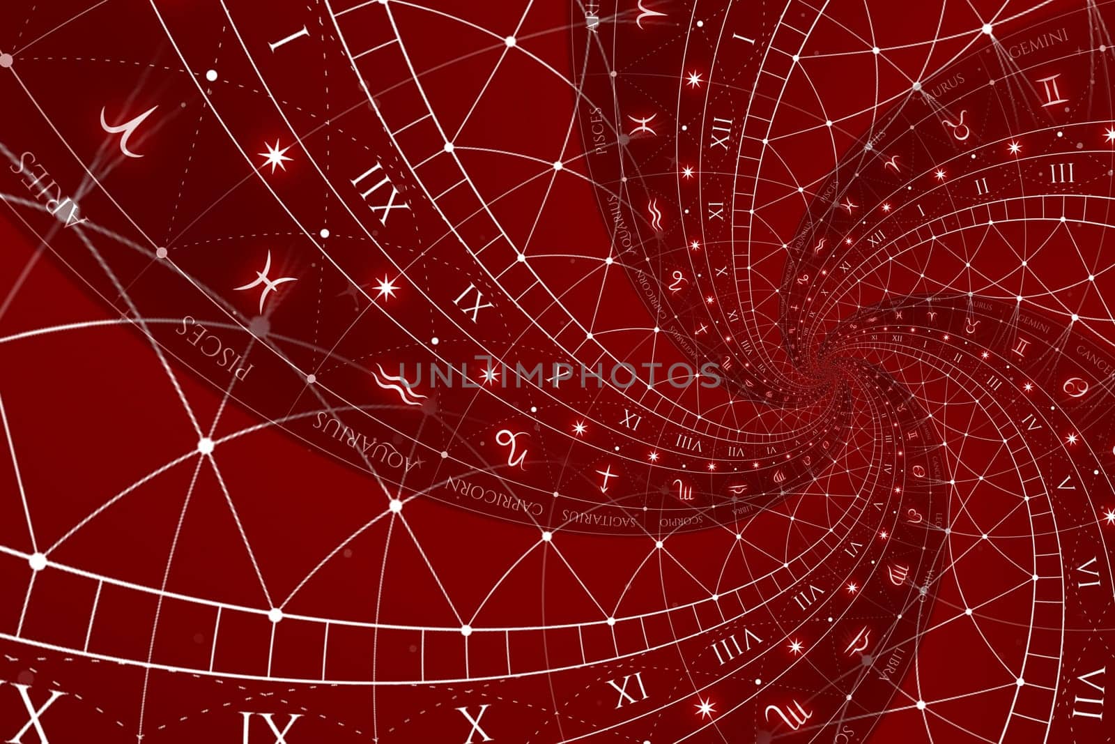 Abstract old conceptual background on mysticism, astrology, fantasy - red
