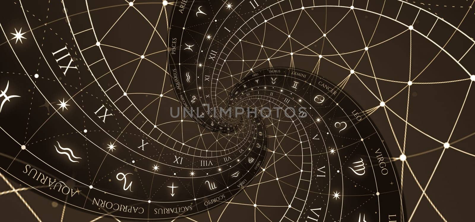 Astrological background with zodiac signs and symbol - black
