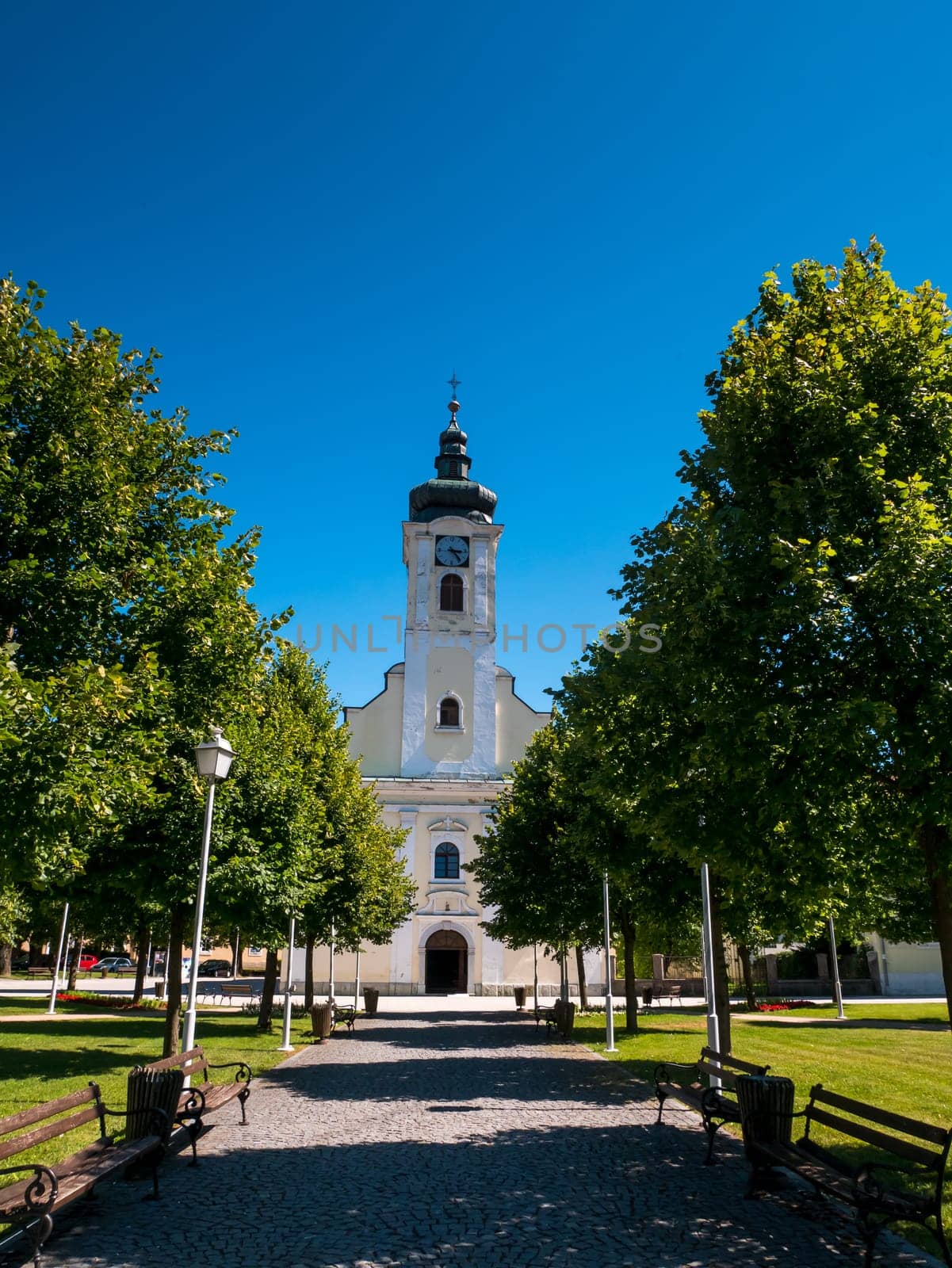 Town of Ogulin church and park landscape view, landscape of central Croatia