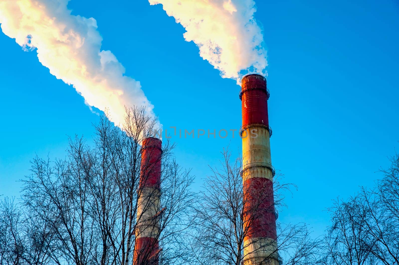 white smoke is coming out of the pipes in the blue sky. High quality photo