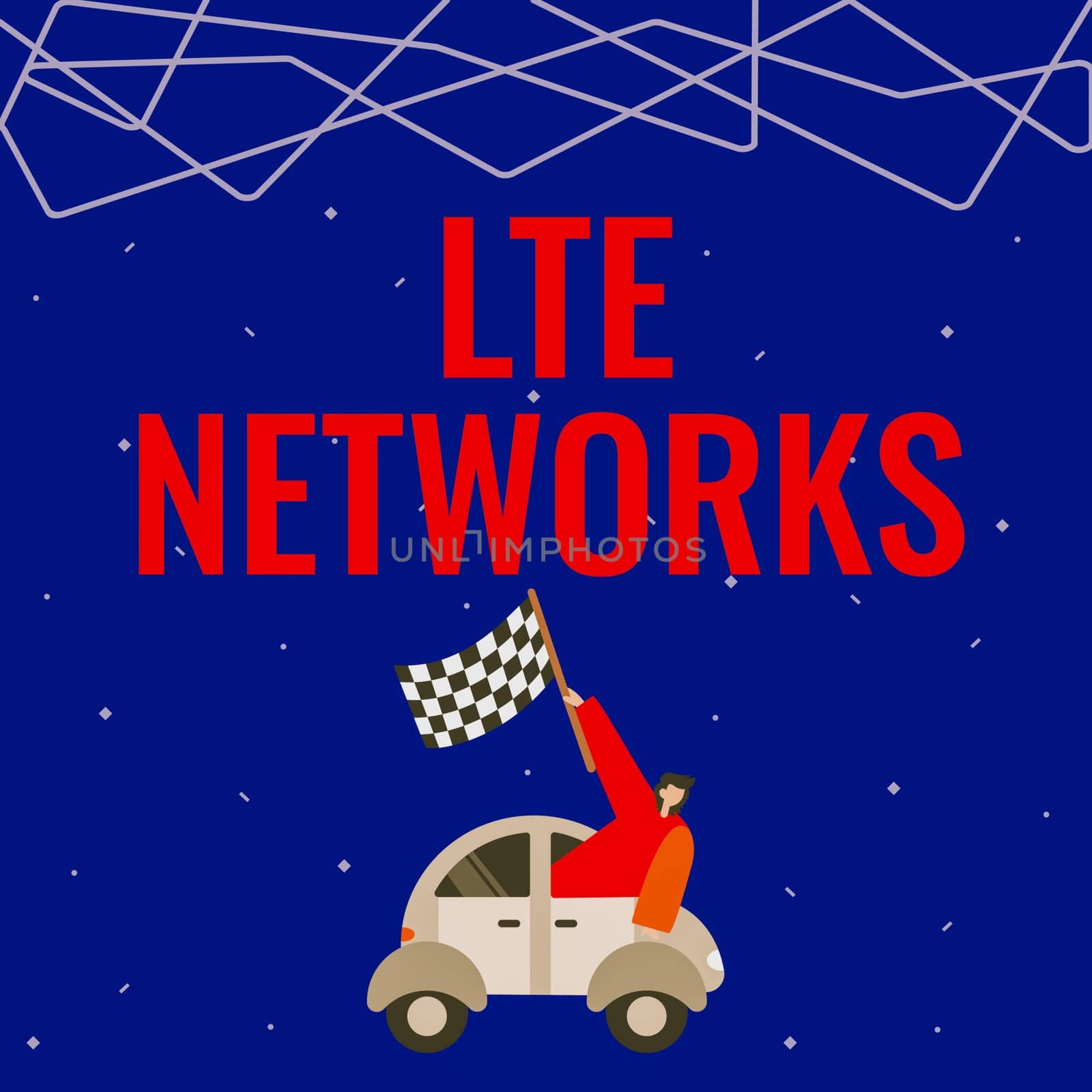 Hand writing sign Lte Networks, Internet Concept Fastest network connection available for wireless communication Businessman Waving Banner From Vehicle Racing Towards Successful Future.