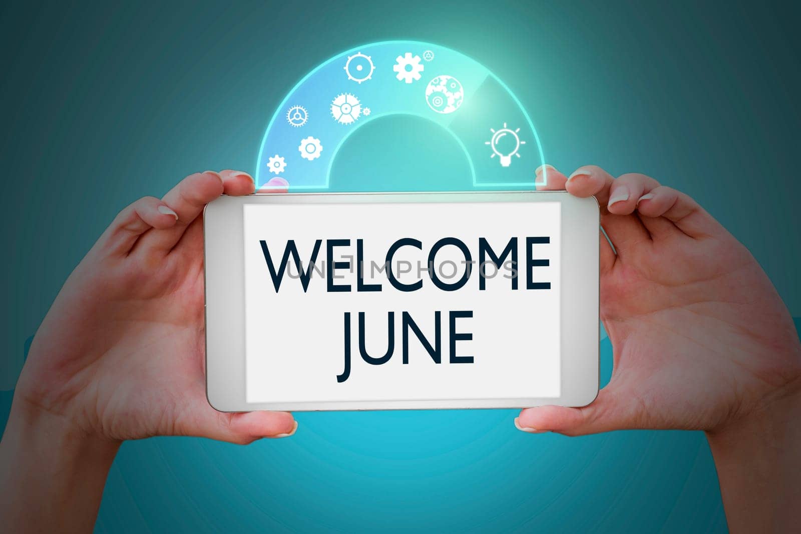Text caption presenting Welcome June, Business concept Calendar Sixth Month Second Quarter Thirty days Greetings Hands holding tablet presenting innovative ideas symbolizing technology.