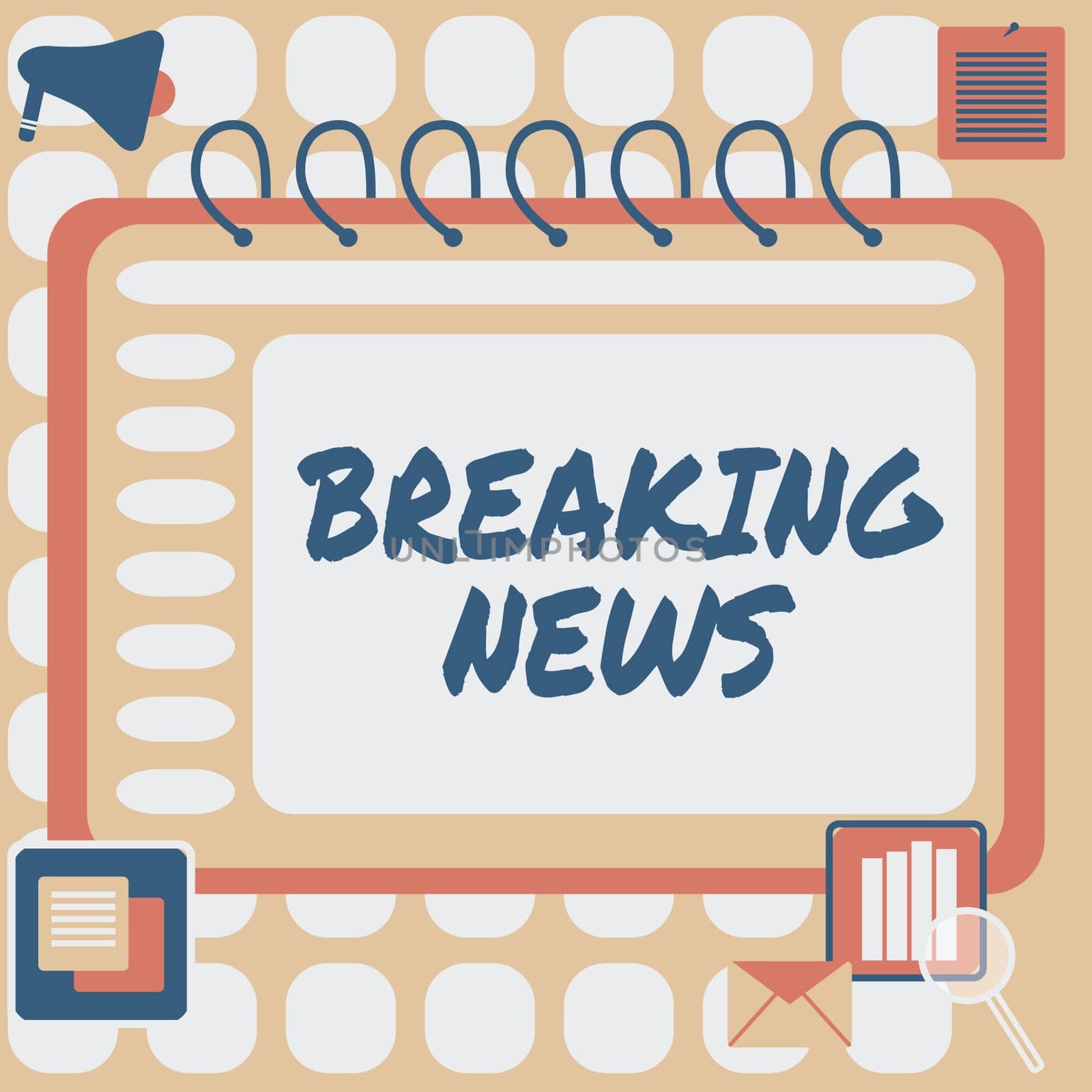 Handwriting text Breaking News, Word for Special Report Announcement Happening Current Issue Flashnews Blank Open Spiral Notebook With A Calculator And A Pen On Table.