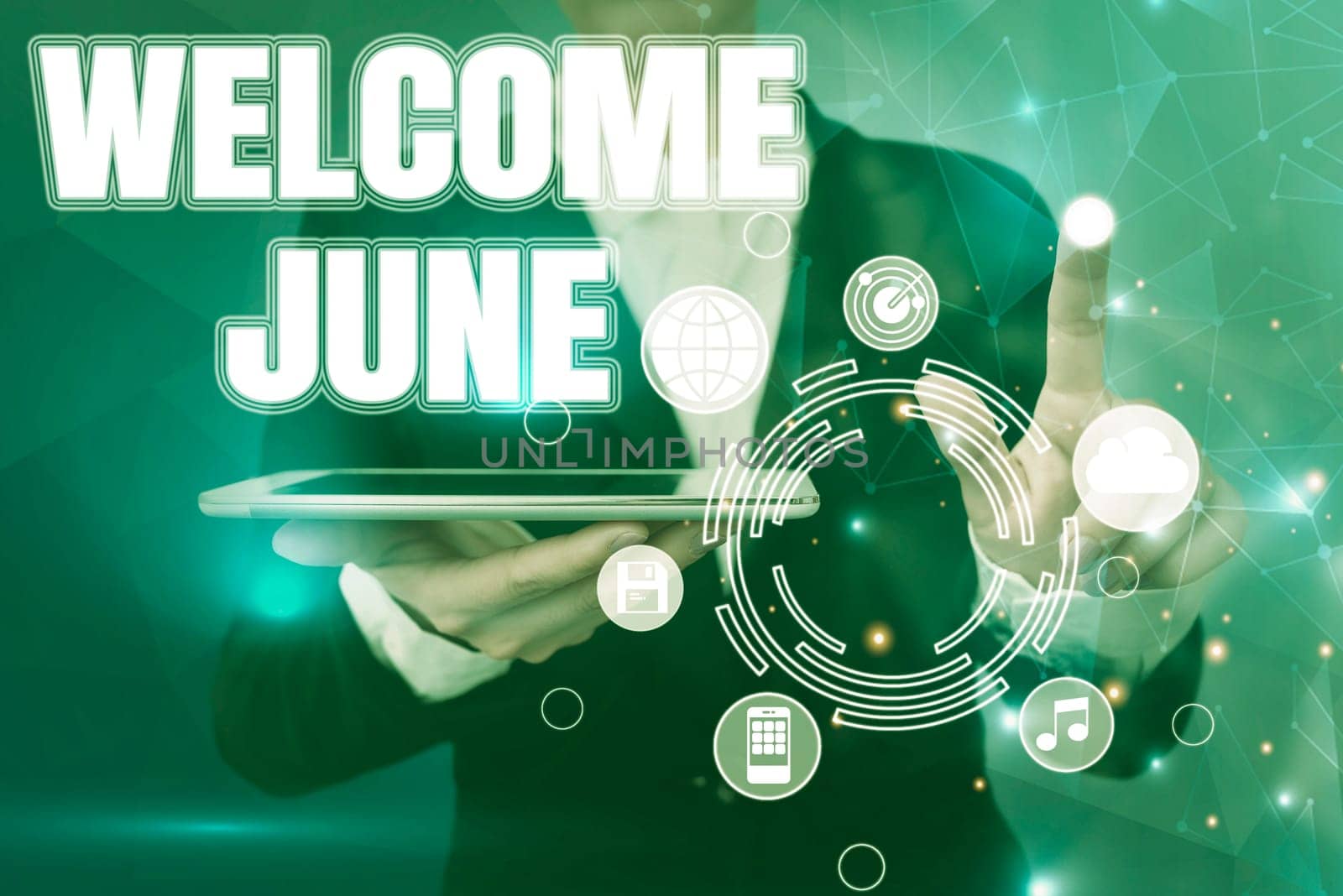 Conceptual display Welcome June, Word Written on Calendar Sixth Month Second Quarter Thirty days Greetings Lady holding tablet symbolizing successful teamwork accomplishments.