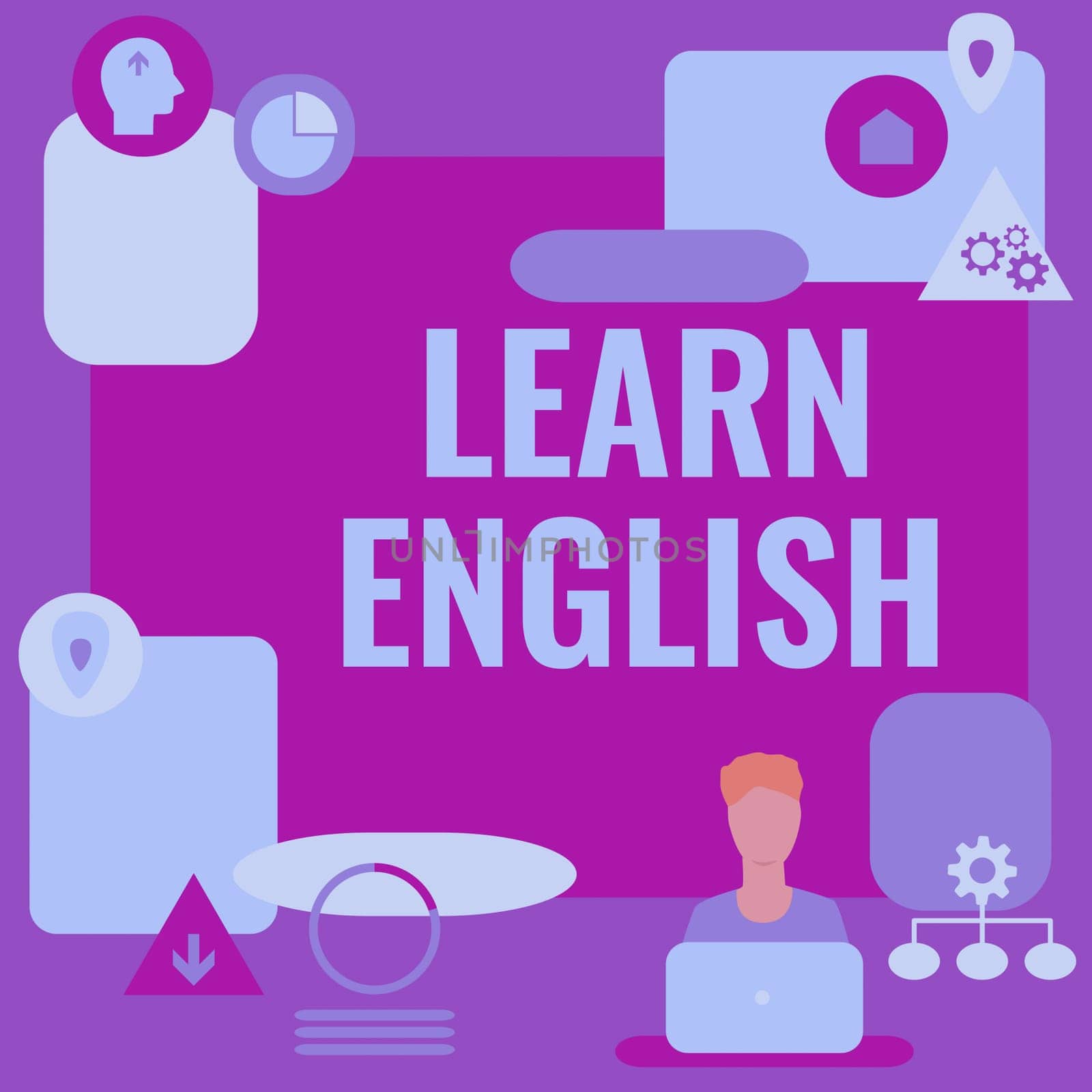 Conceptual display Learn English, Conceptual photo Universal Language Easy Communication and Understand Man Sitting On Desk Working And Presenting New Technologies.