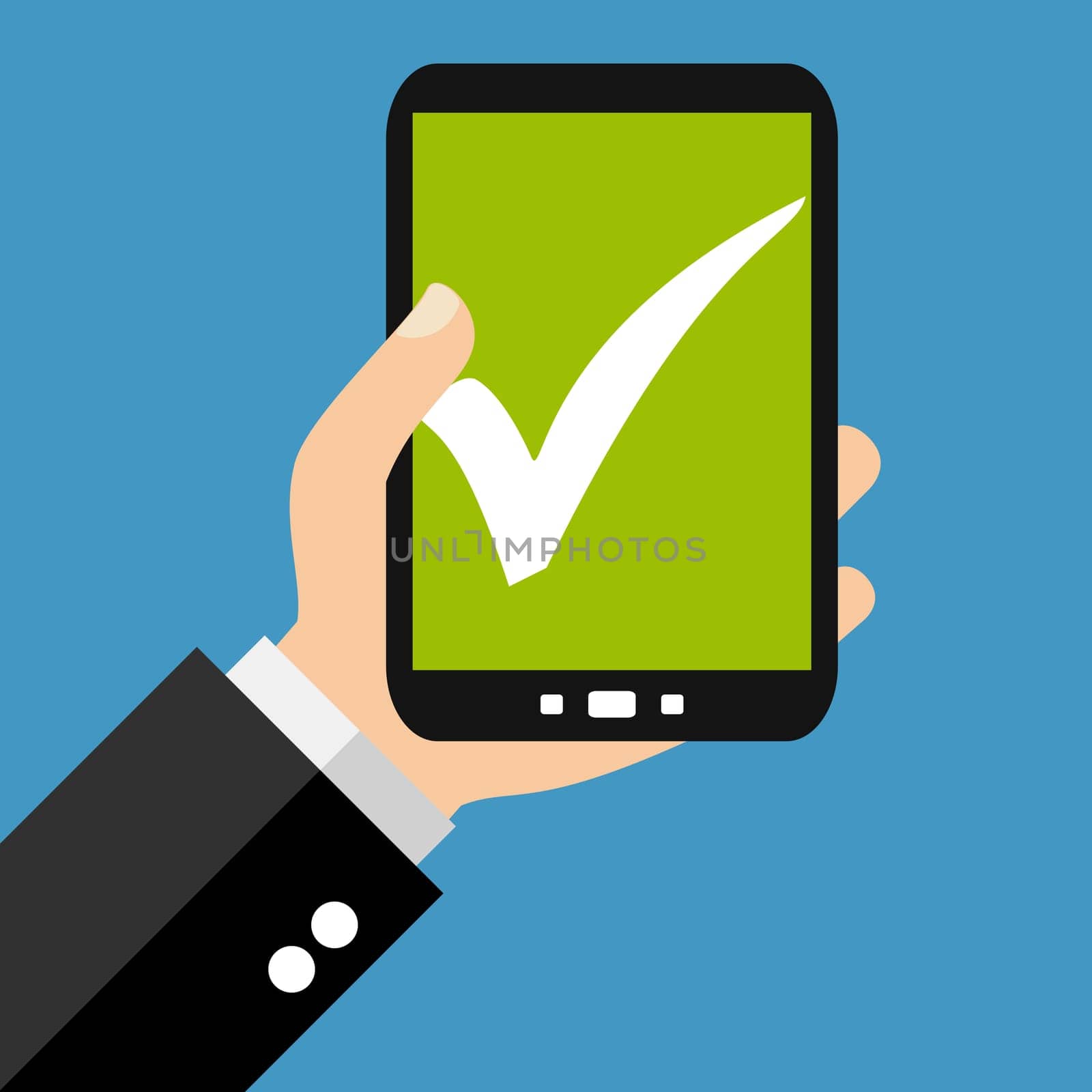 Business hand holding Smartphone: Completed, Accepted or Check