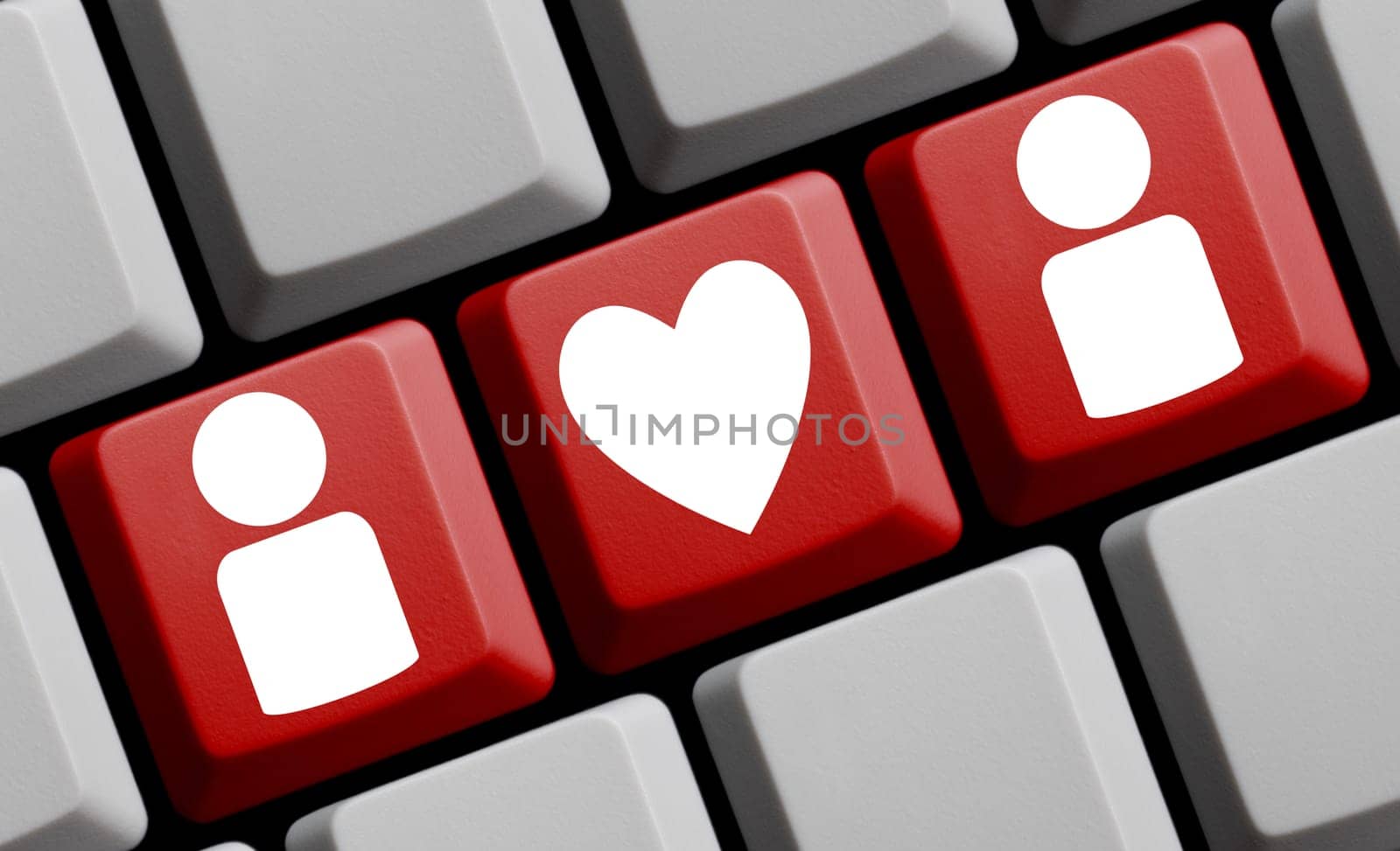 Two persons with heart - Red computer keyboard 3D illustration