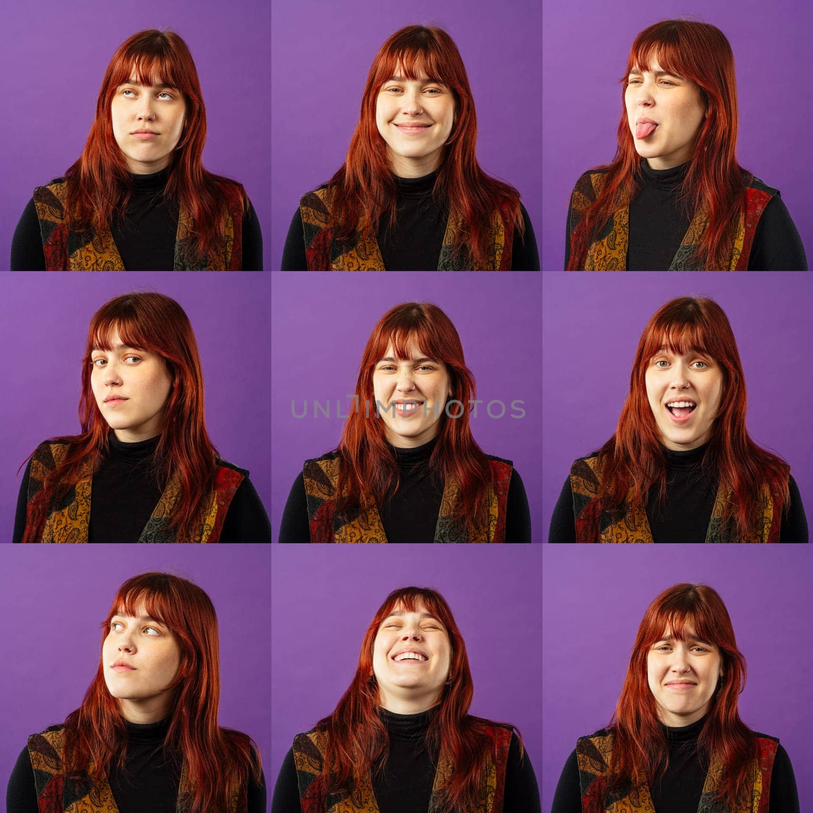 Portrait collage of girl with different facial expressions. Set of different pictures of emotional woman over purple background.