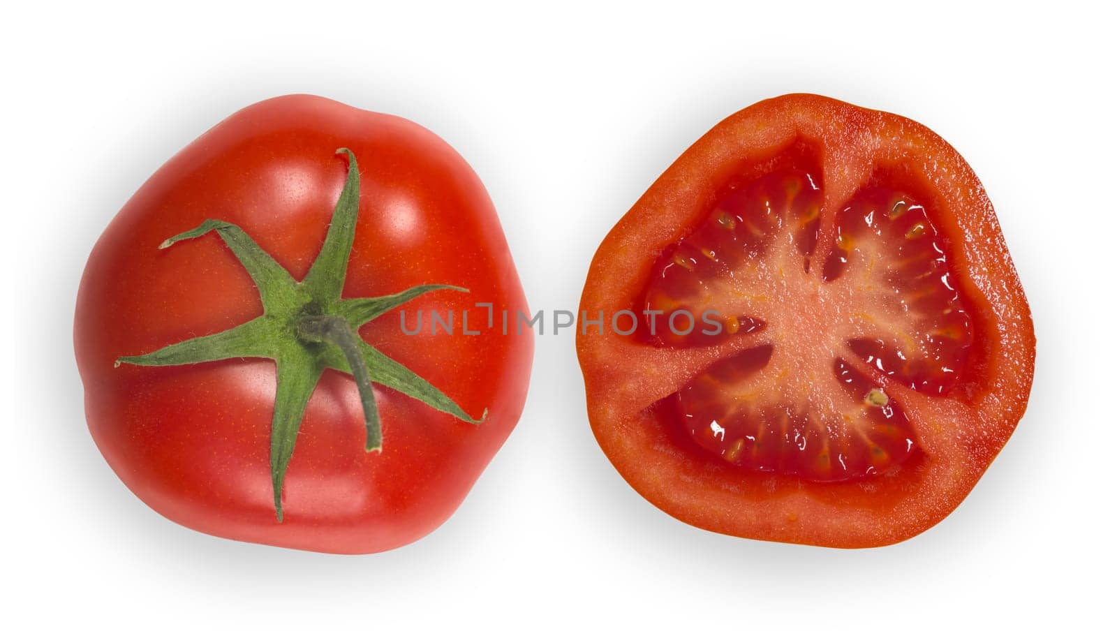 Tomato cut in half showing the top and middle over white background.