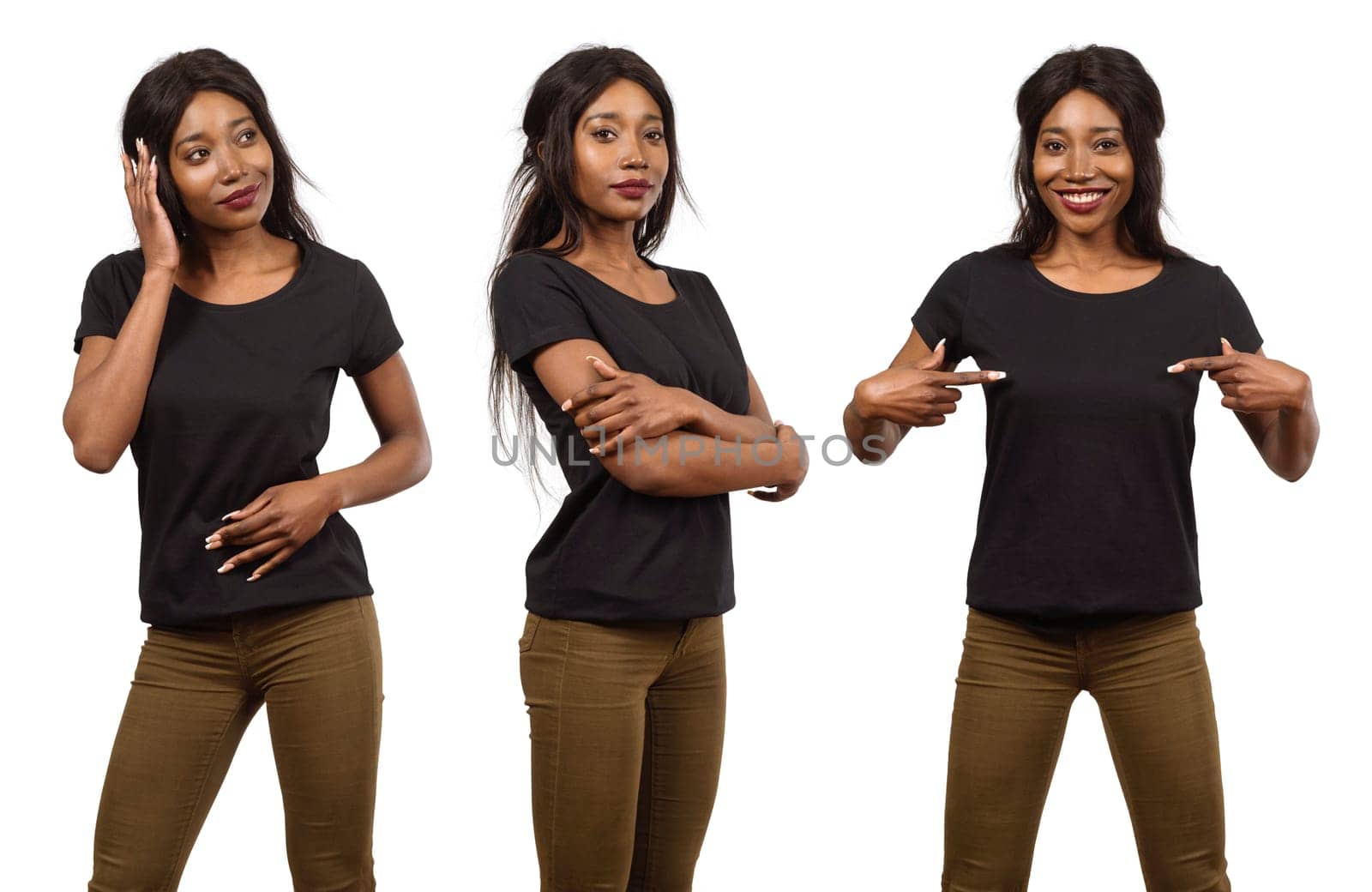 Photo of a young black woman posing with a blank black t-shirt ready for your artwork or design.
