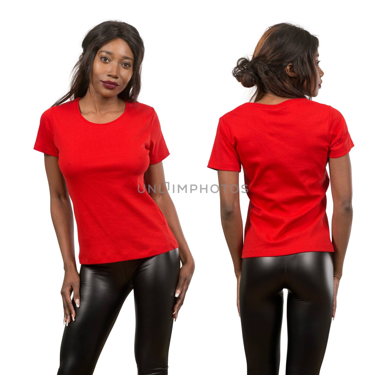 Photo of a young black woman posing with a blank red t-shirt ready for your artwork or design.