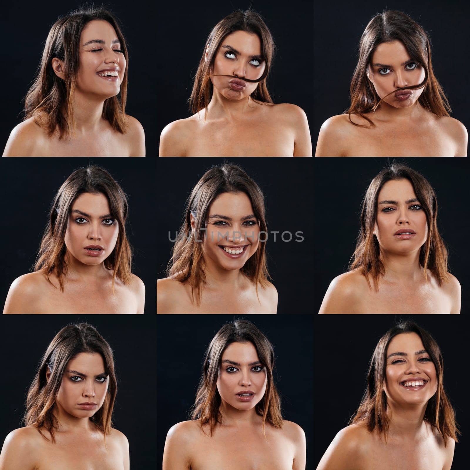 Portrait collage of girl with different facial expressions. Set of different pictures of emotional woman over dark background.