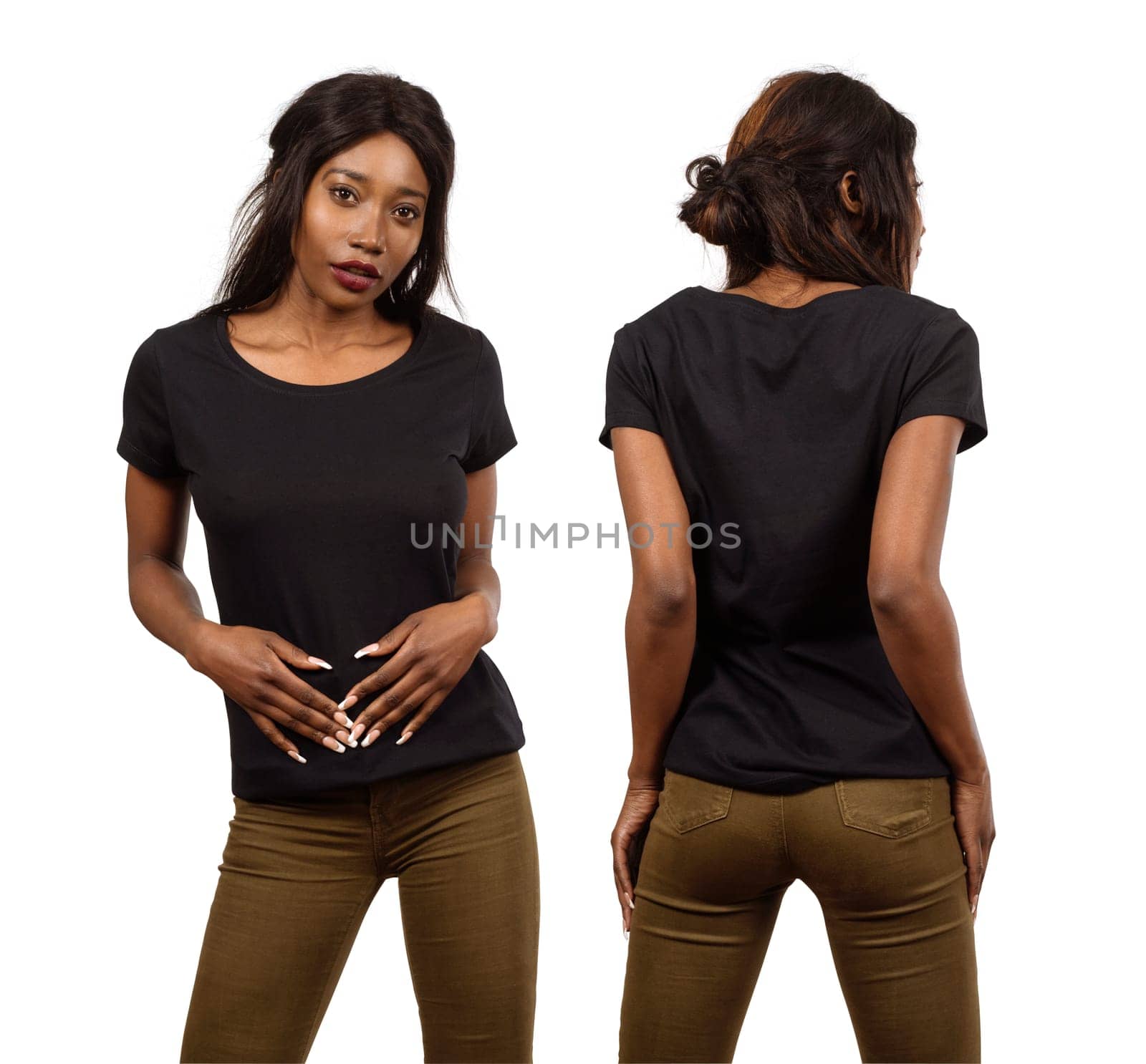Photo of a young black woman posing with a blank black t-shirt ready for your artwork or design.