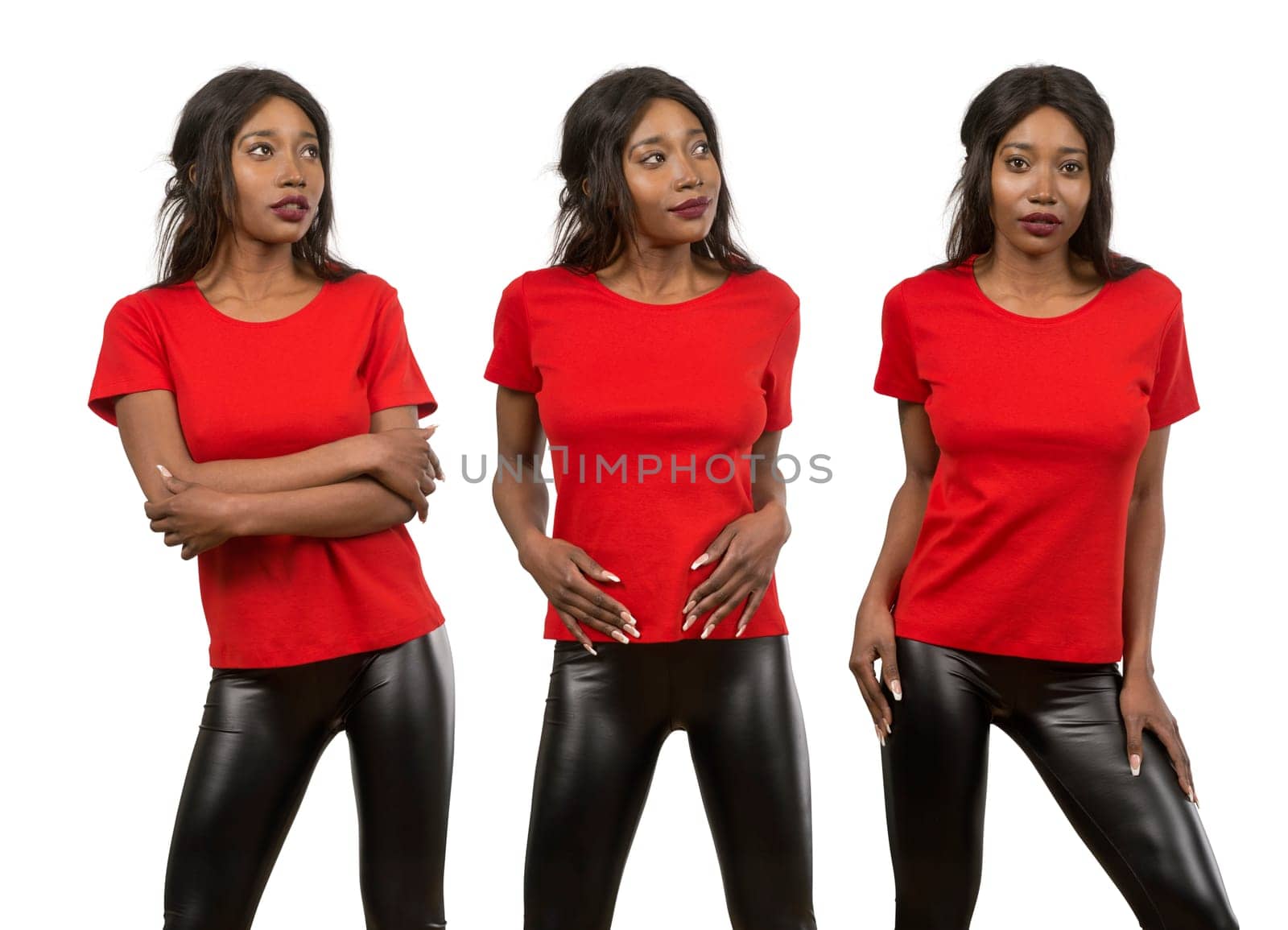 Photo of a young black woman posing with a blank red t-shirt ready for your artwork or design.
