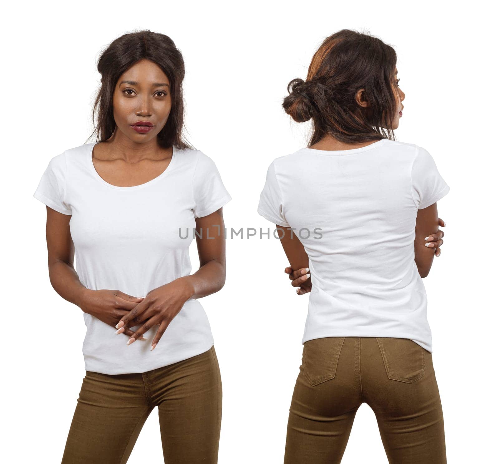 Photo of a young black woman posing with a blank white t-shirt ready for your artwork or design..
