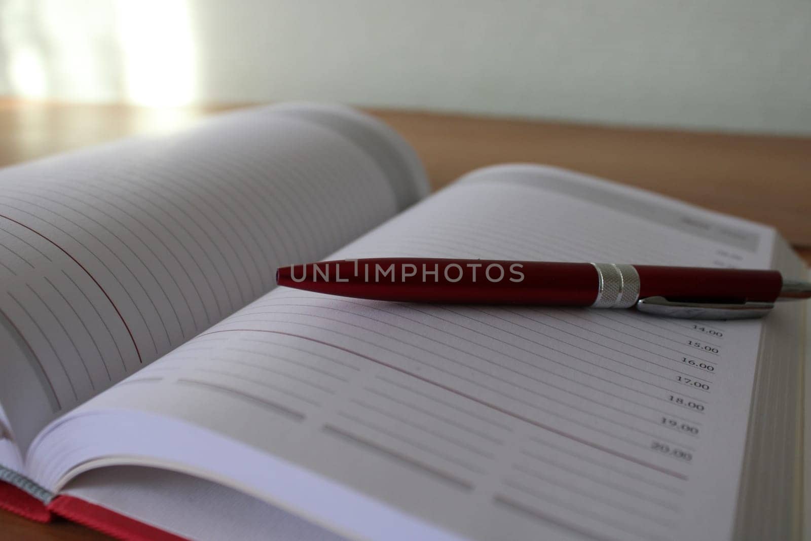 Office desk, workplace with notebook, pen. Business background..