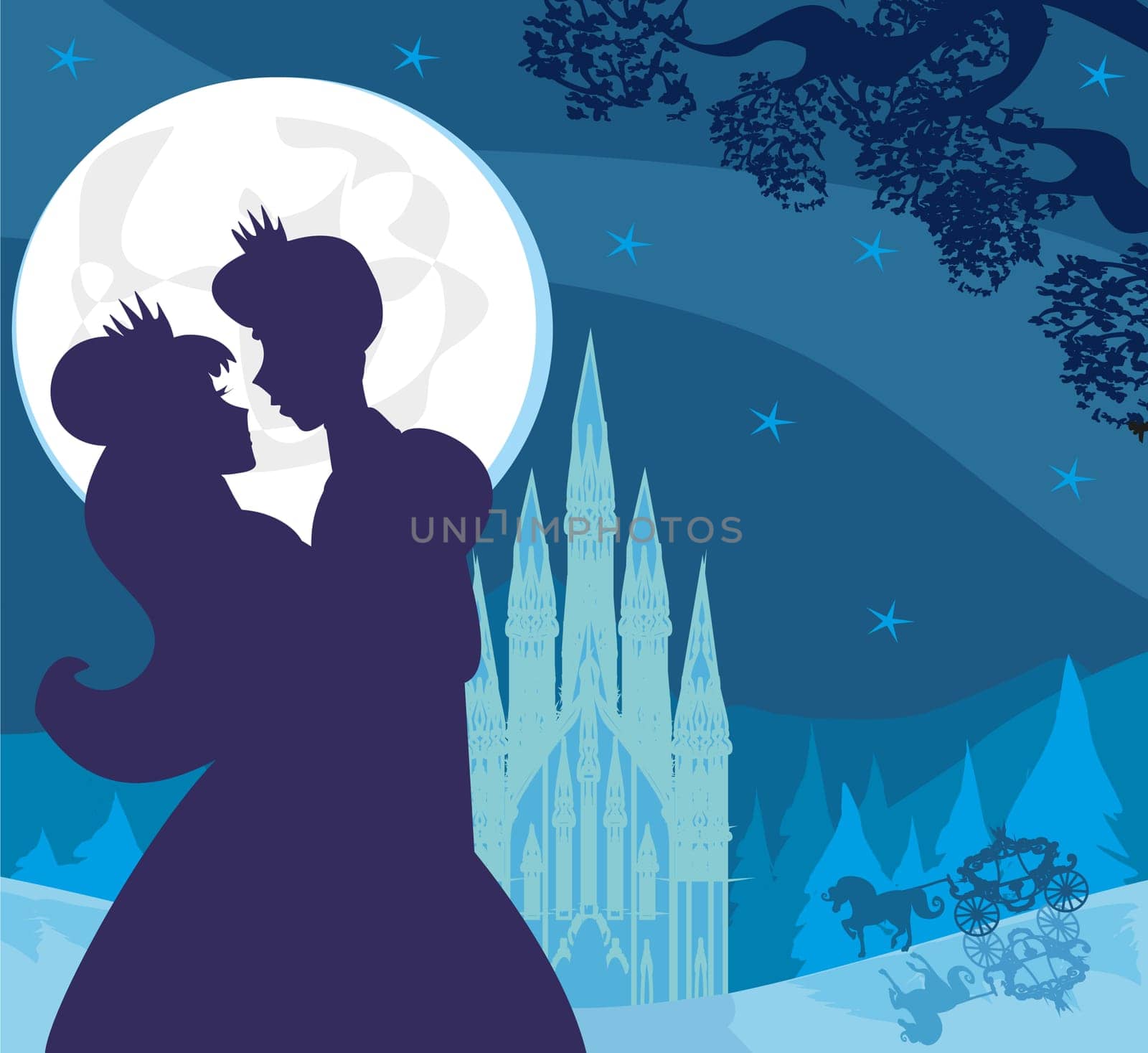 Princess and prince kiss in the night