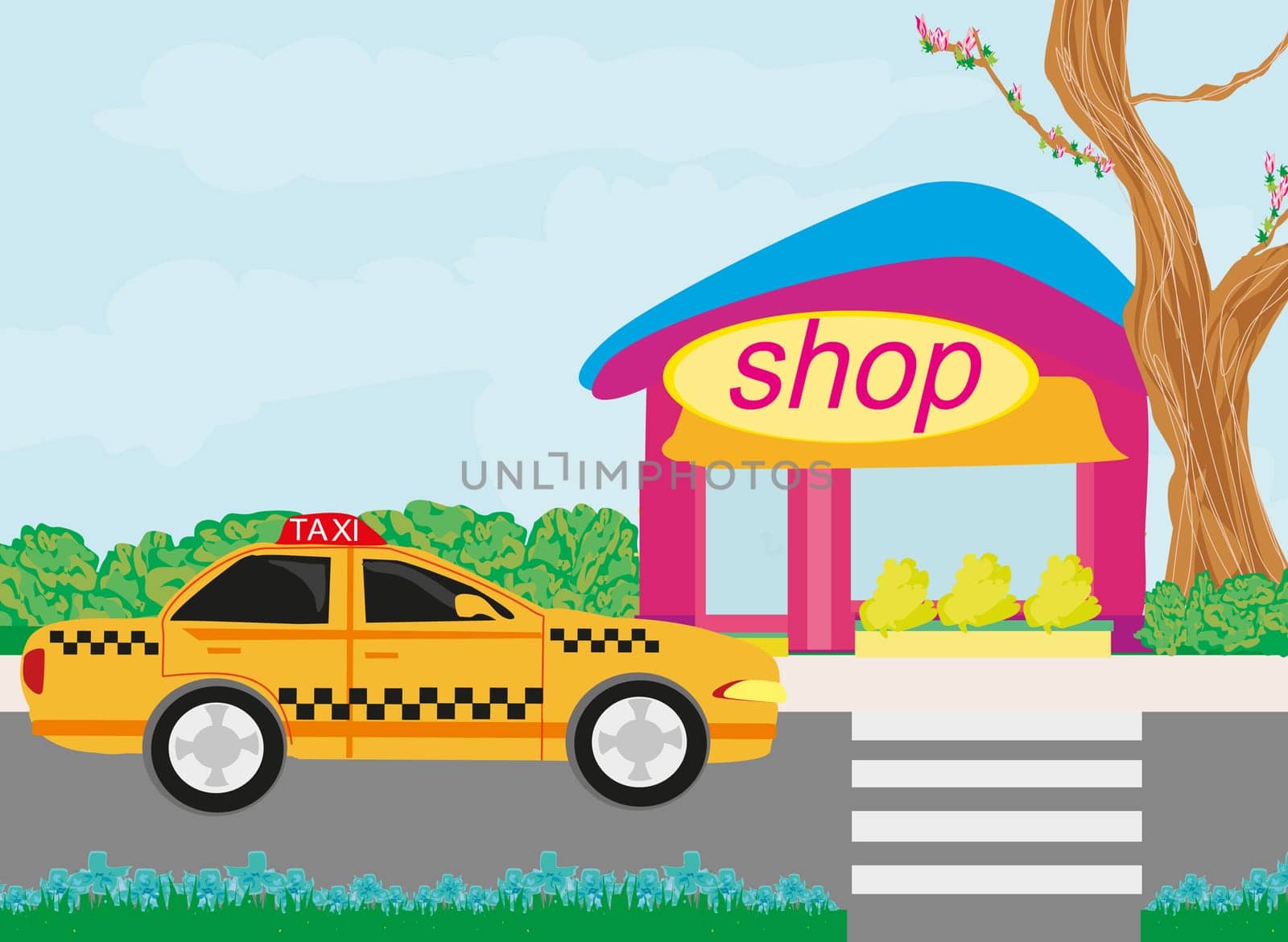 Taxi in front of the shop