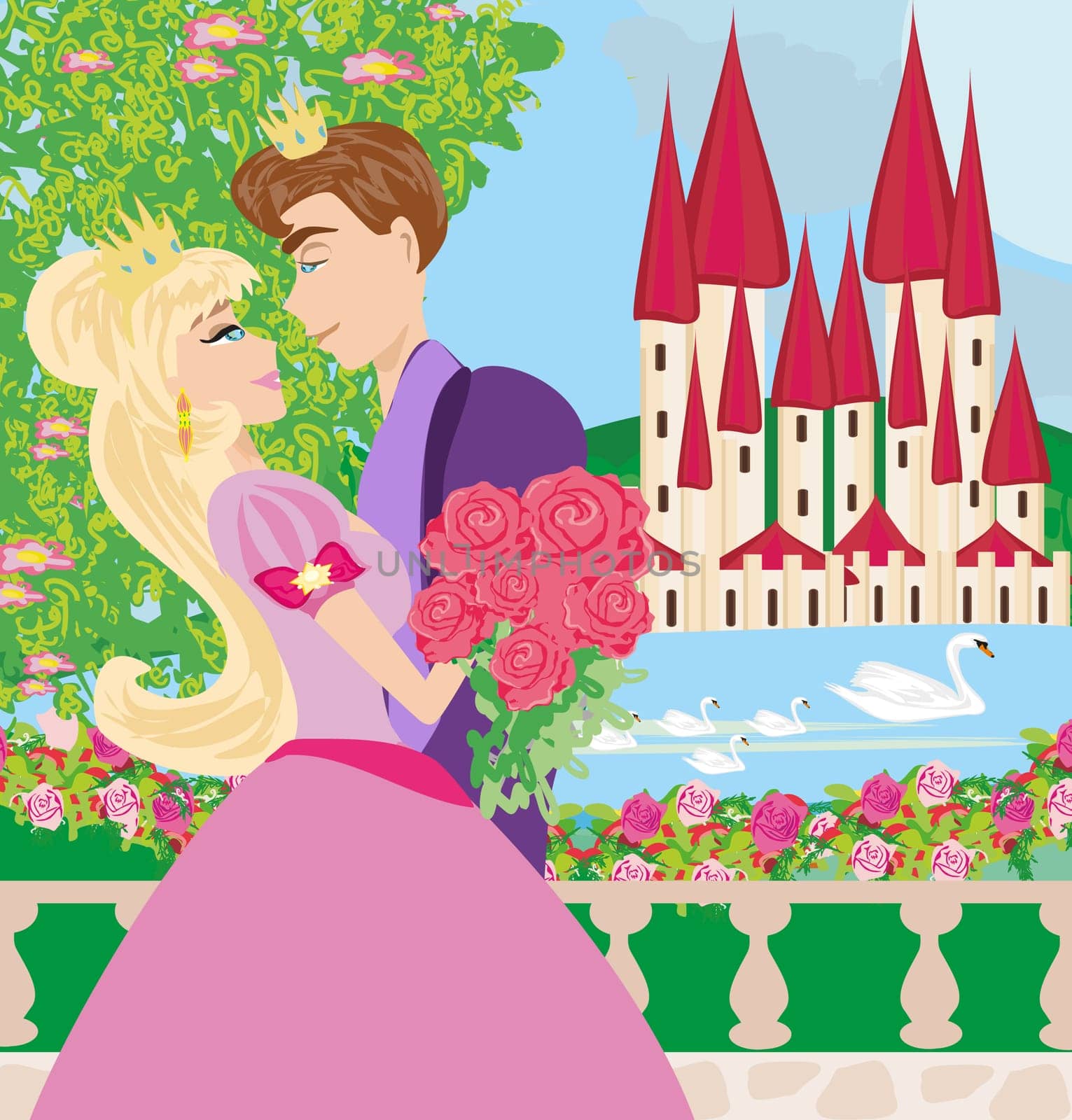 princess with prince kissing in the garden