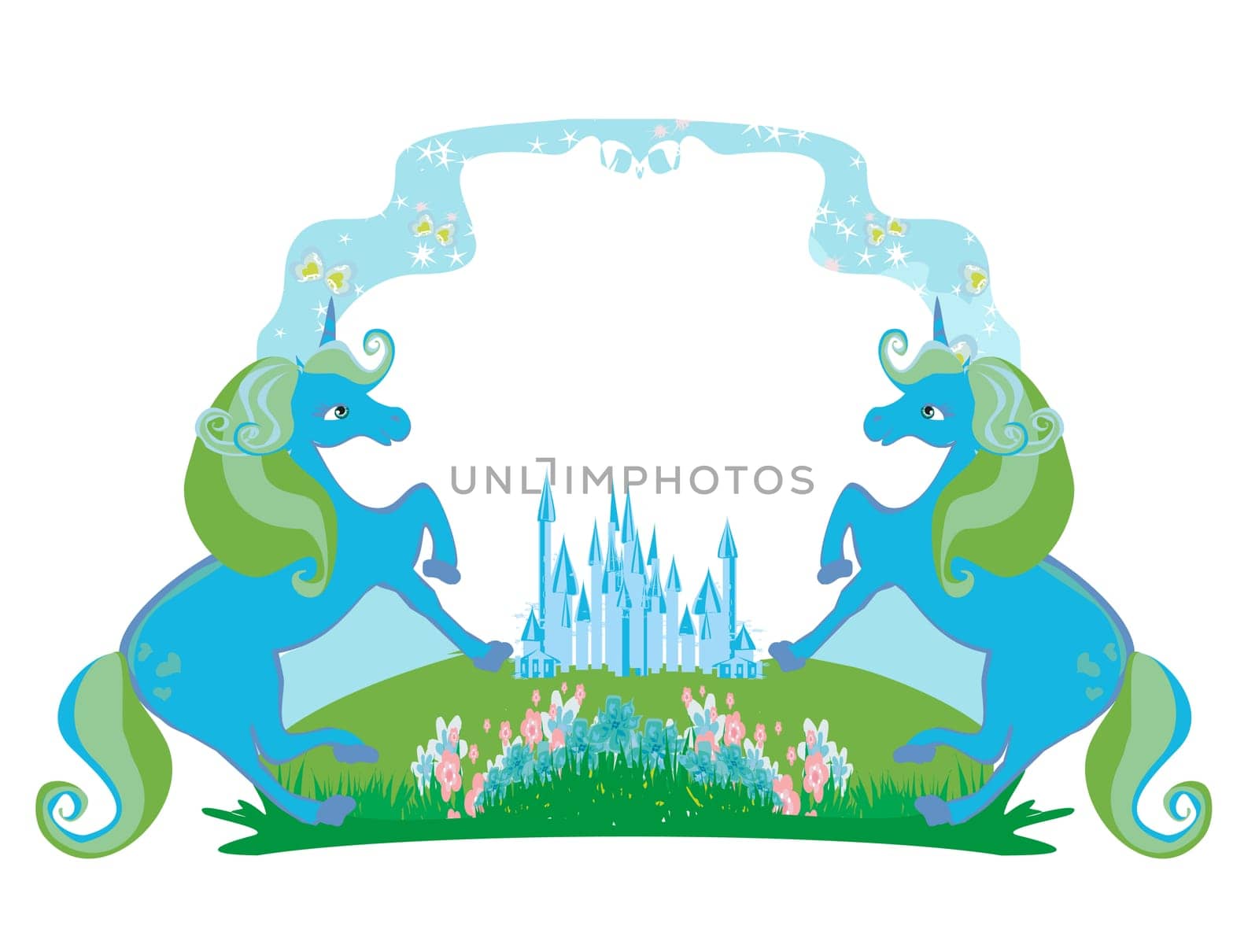 Fairytale frame with magic castle and unicorns