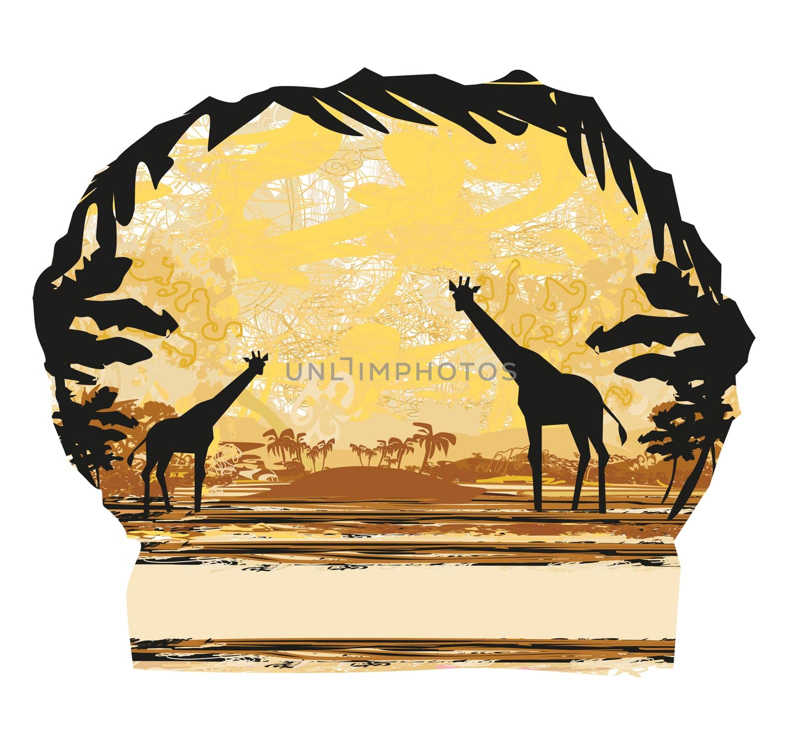 Grunge background with giraffe silhouette on abstract African fauna and flora