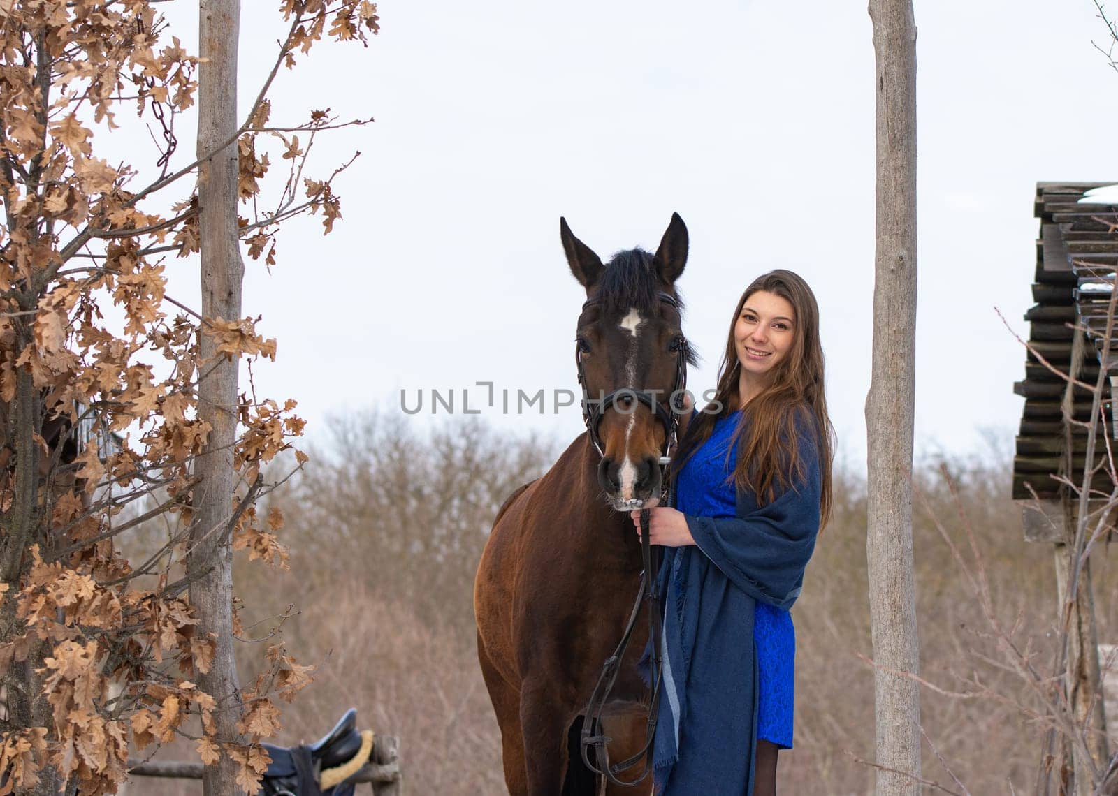 A girl in a blue dress and a horse on the background of a winter forest