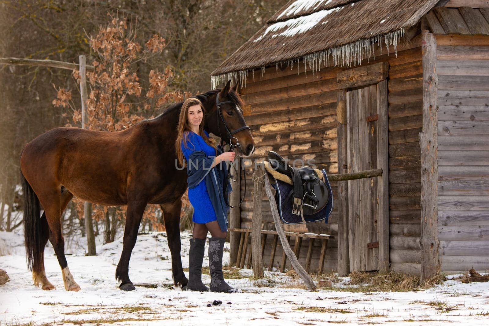 A beautiful girl in a short blue dress stands with a horse from an old wooden house