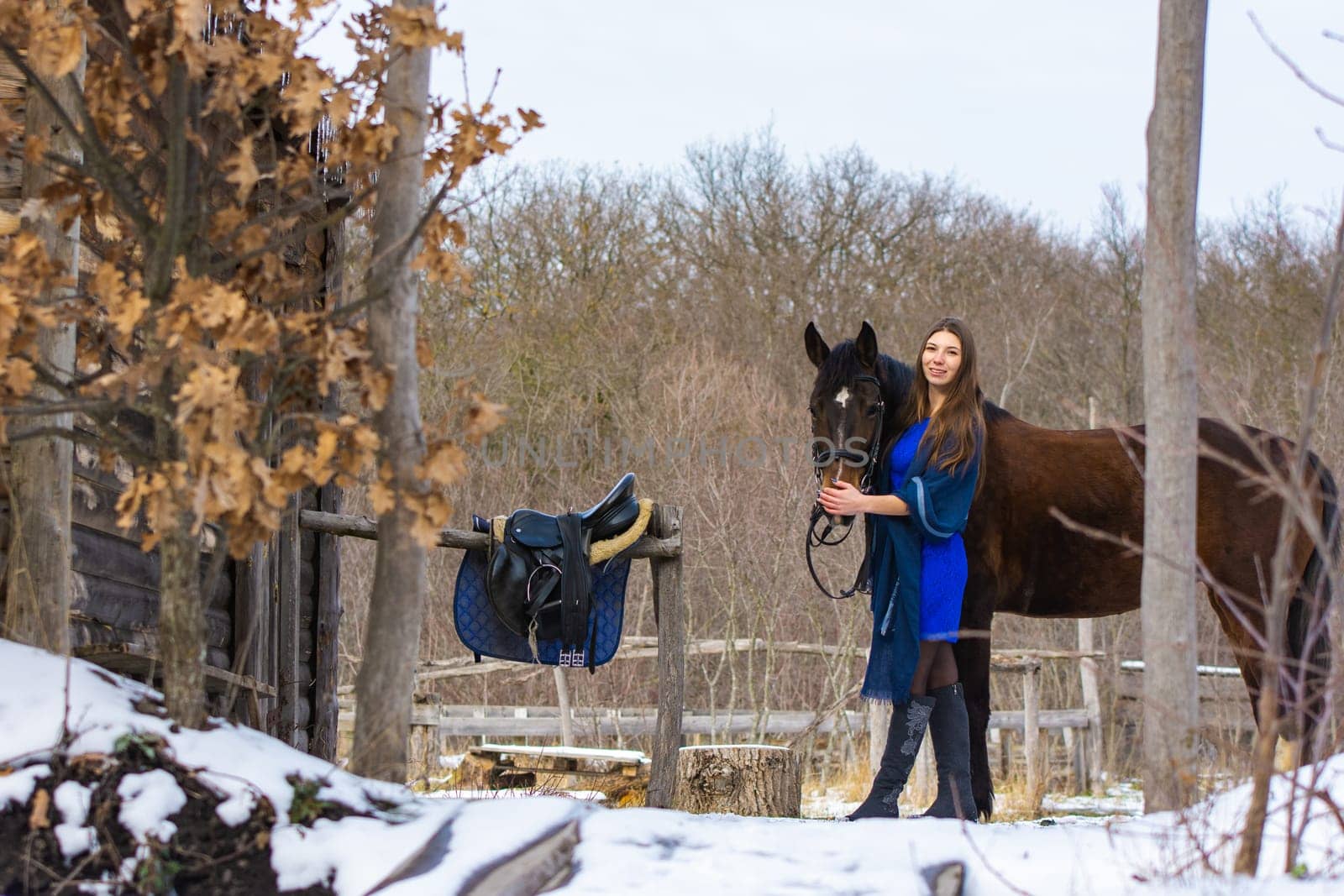 A girl in a blue dress walks with a horse through a farm in winter