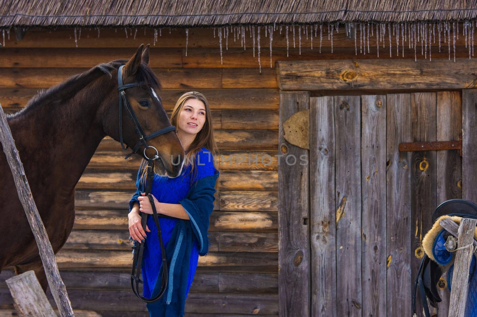 A beautiful young girl holds a horse by the bridle, against the background of a log wall