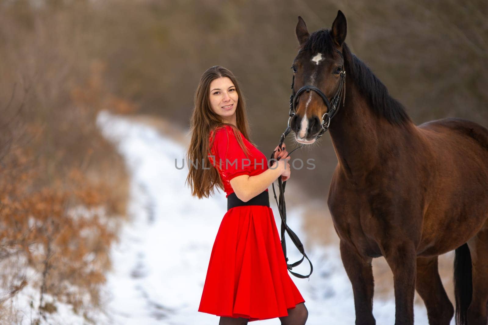 A beautiful girl in a red dress stands with a horse on the background of a winter road