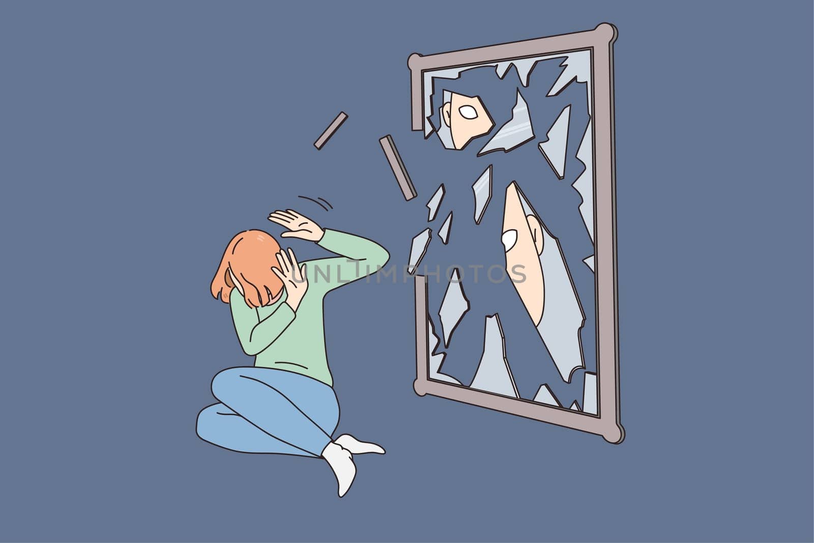 Unhappy young woman near broken mirror struggle with mental problem or depression. Upset girl suffer from psychological disorder or bullying. Inner conflict concept. Vector illustration.