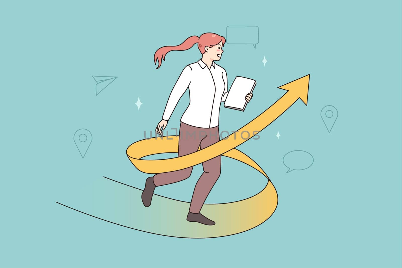 Motivated businesswoman run on arrow strive to business or career goal. Happy female employee or worker motivated for job opportunities. Business development and growth. Vector illustration.