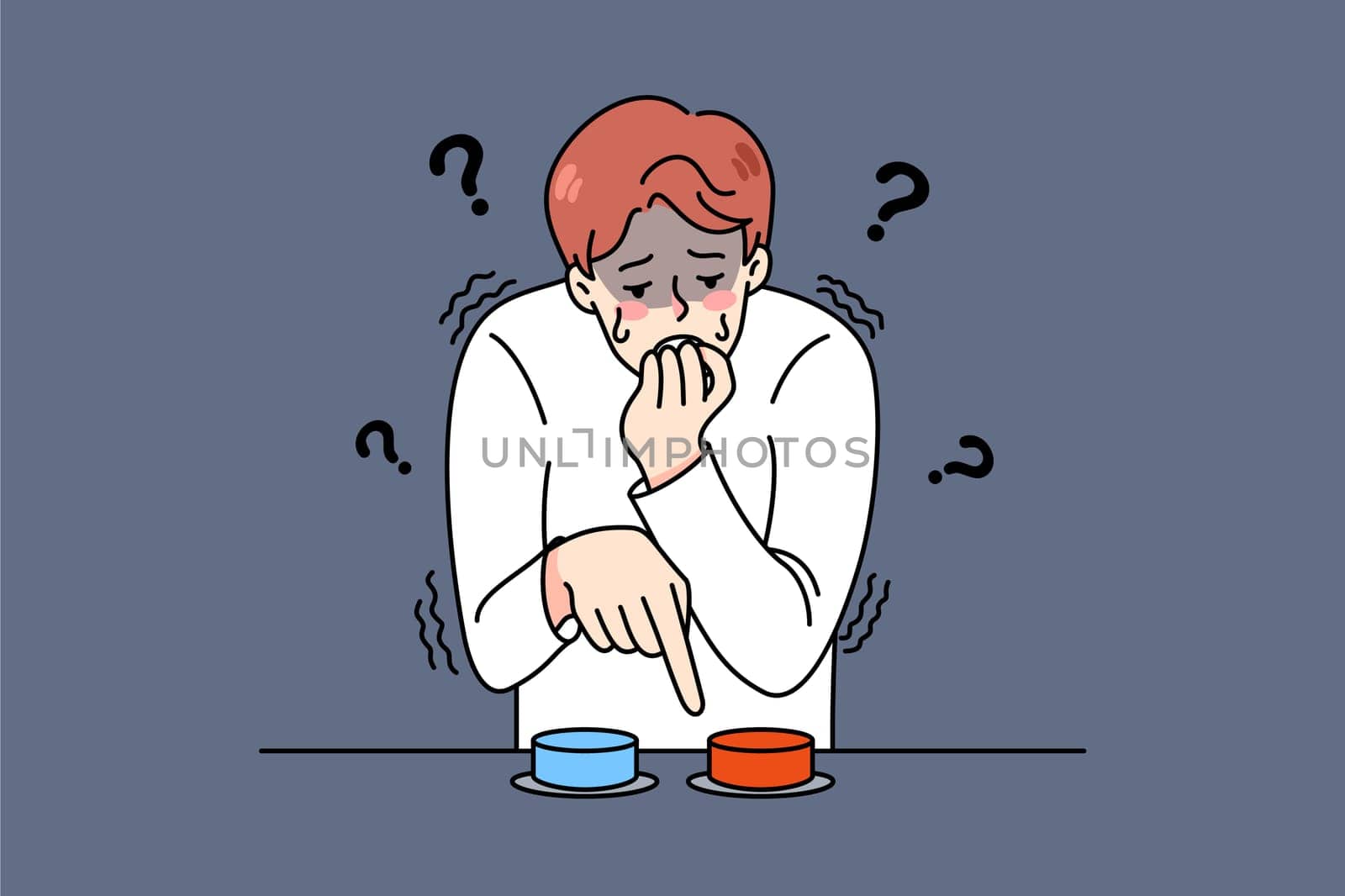 Distressed young man choose button to press feel confused and anxious. Stressed guy make choice between two options. Dilemma and alternative. Decision-making. Vector illustration.