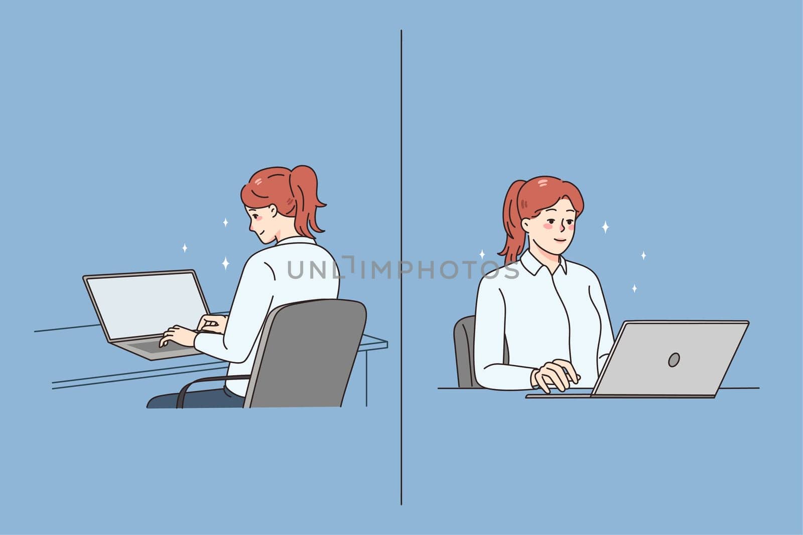 Smiling young female employee sit at desk work on computer. Woman worker use laptop for online job at workplace. Front and back view. Employment concept. Vector illustration.