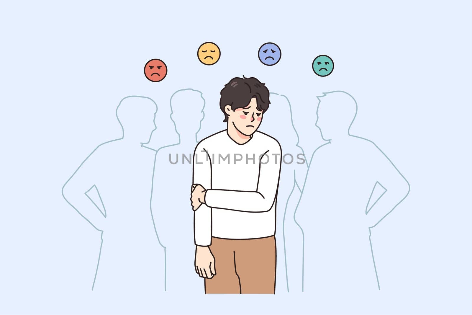 Sad guy feel lonely and uncomfortable in society. Unhappy young man suffer from solitude and loneliness in crowd, have various emotions. Frustration and depression. Vector illustration.