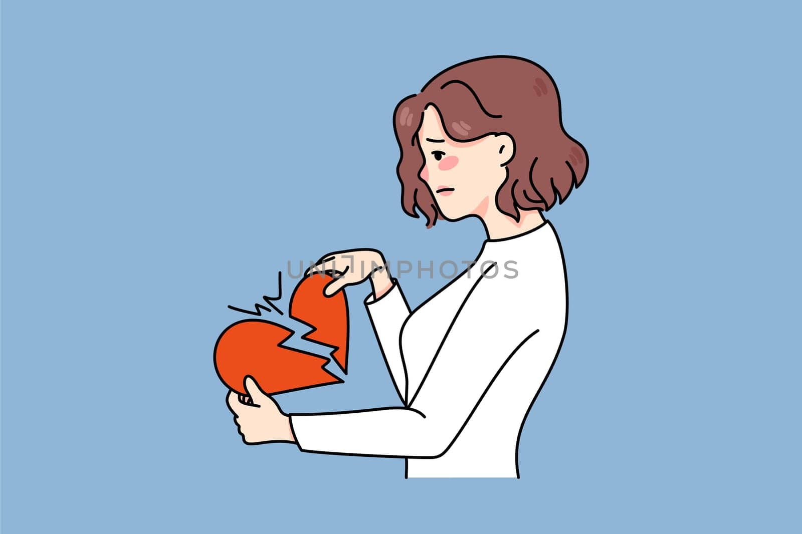 Unhappy woman hold breaking heart suffer from relationship breakup or separation. Upset distressed girl struggle with split or divorce. Heartbroken person. Flat vector illustration.