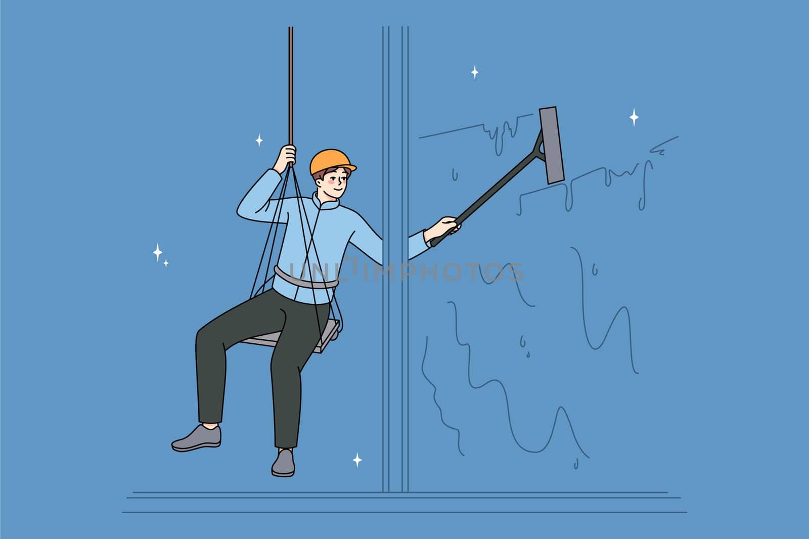 Male worker on safety ropes cleaning windows of office building. Man alpinist or industrial climber work on cables, climb onto surface. Occupation and profession. Vector illustration.