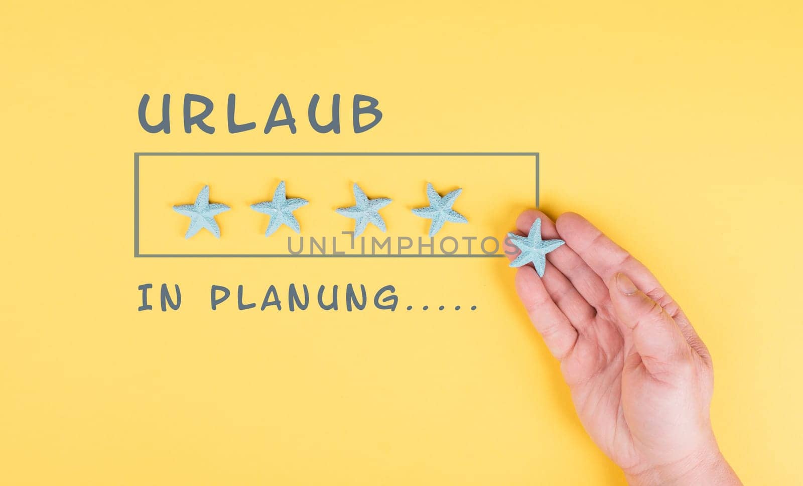 Progress bar with sea stars, holiday loading ist standing on the paper, planning a trip for the weekend, vacation and travel concept, german language
