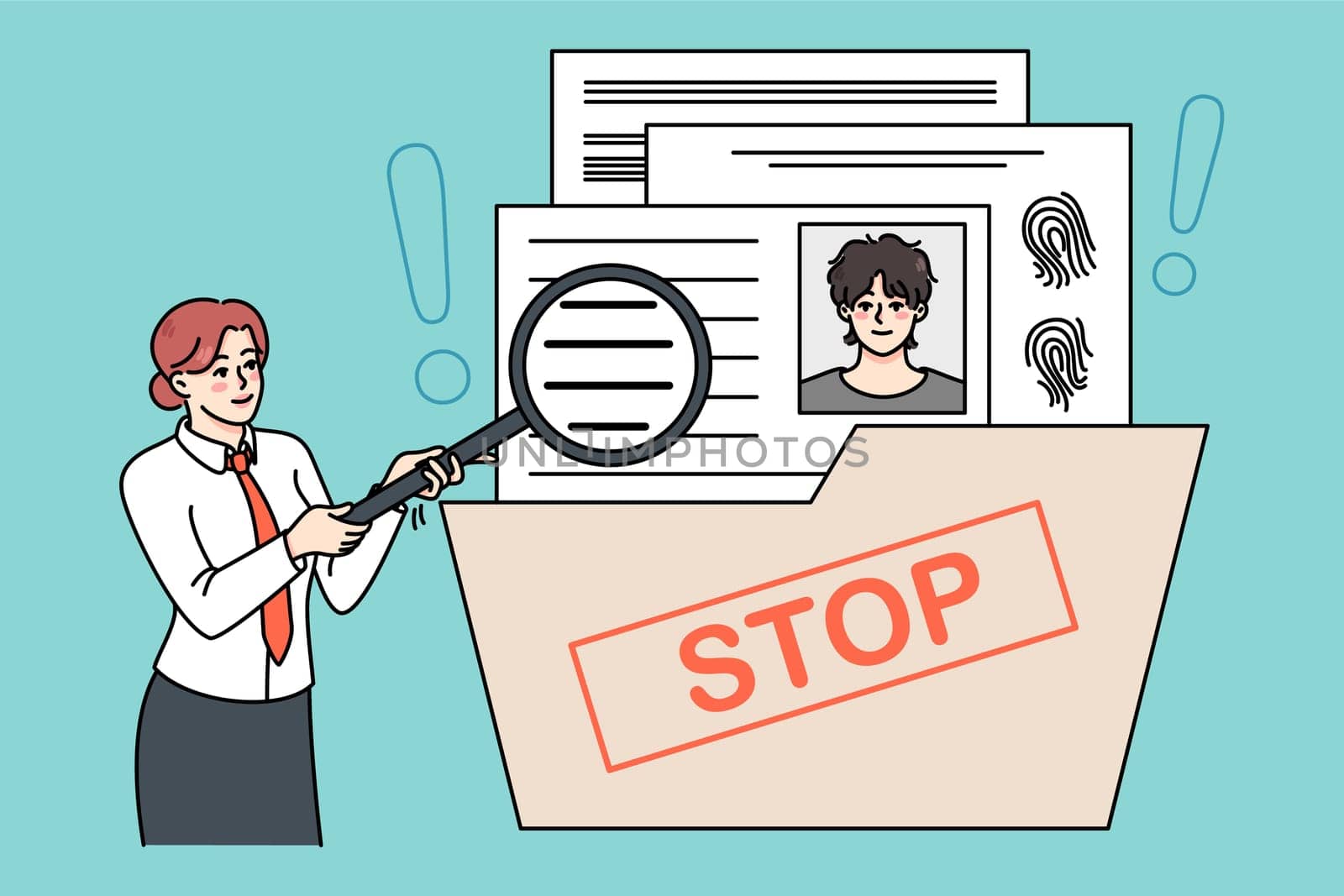 Businesswoman with magnifier explore job candidate cv for open vacancy. Female recruiter or employer look for applicants. Employment and hiring concept. Vector illustration.