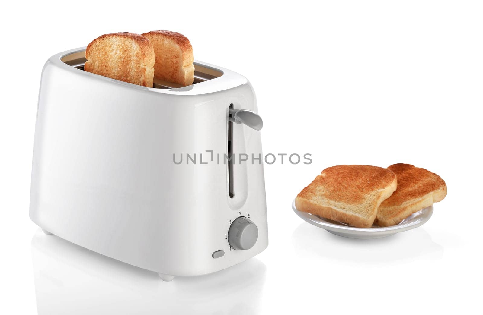 Toaster with bread on white background