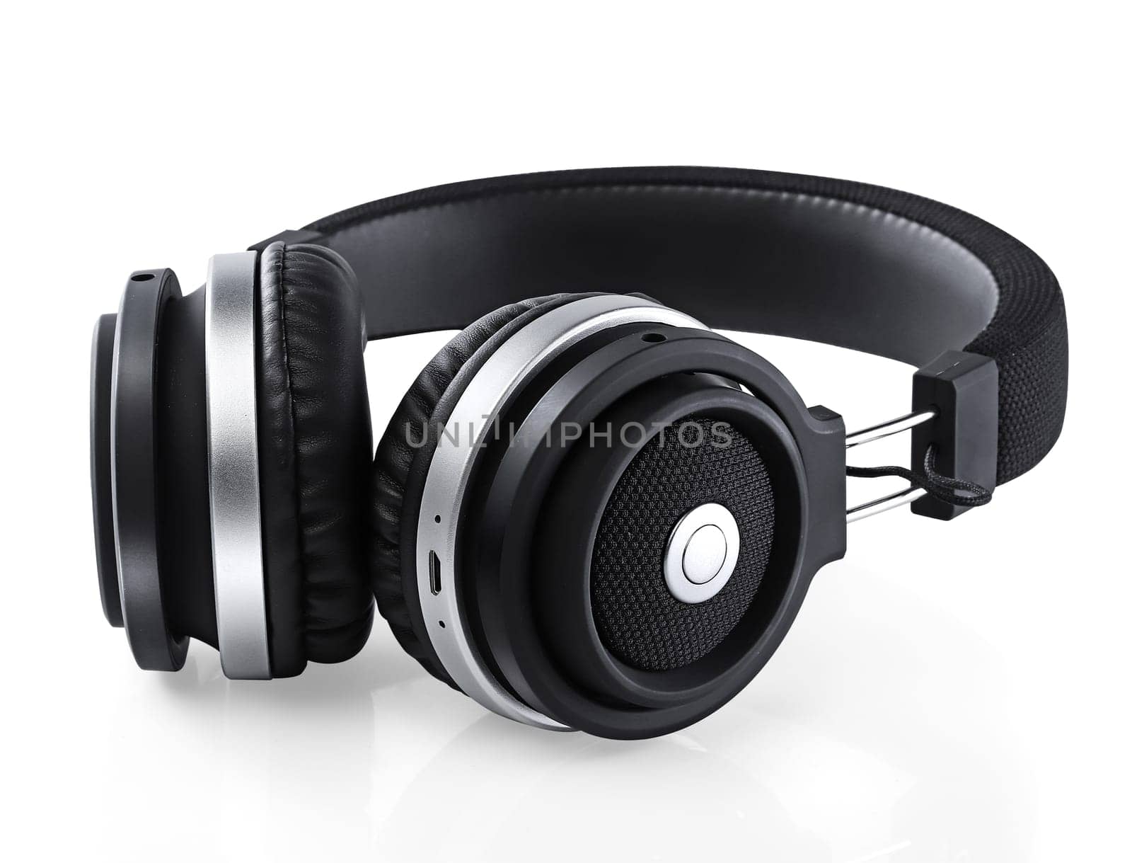 Black headphones over white background