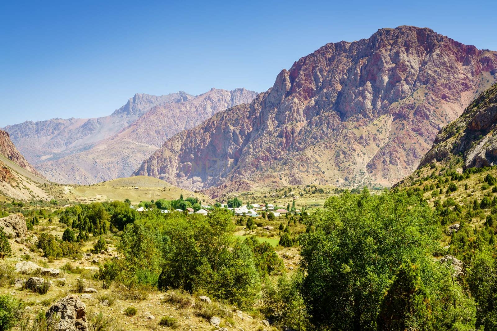 Scenic view of a valley and a mountain village in Tajikistan
