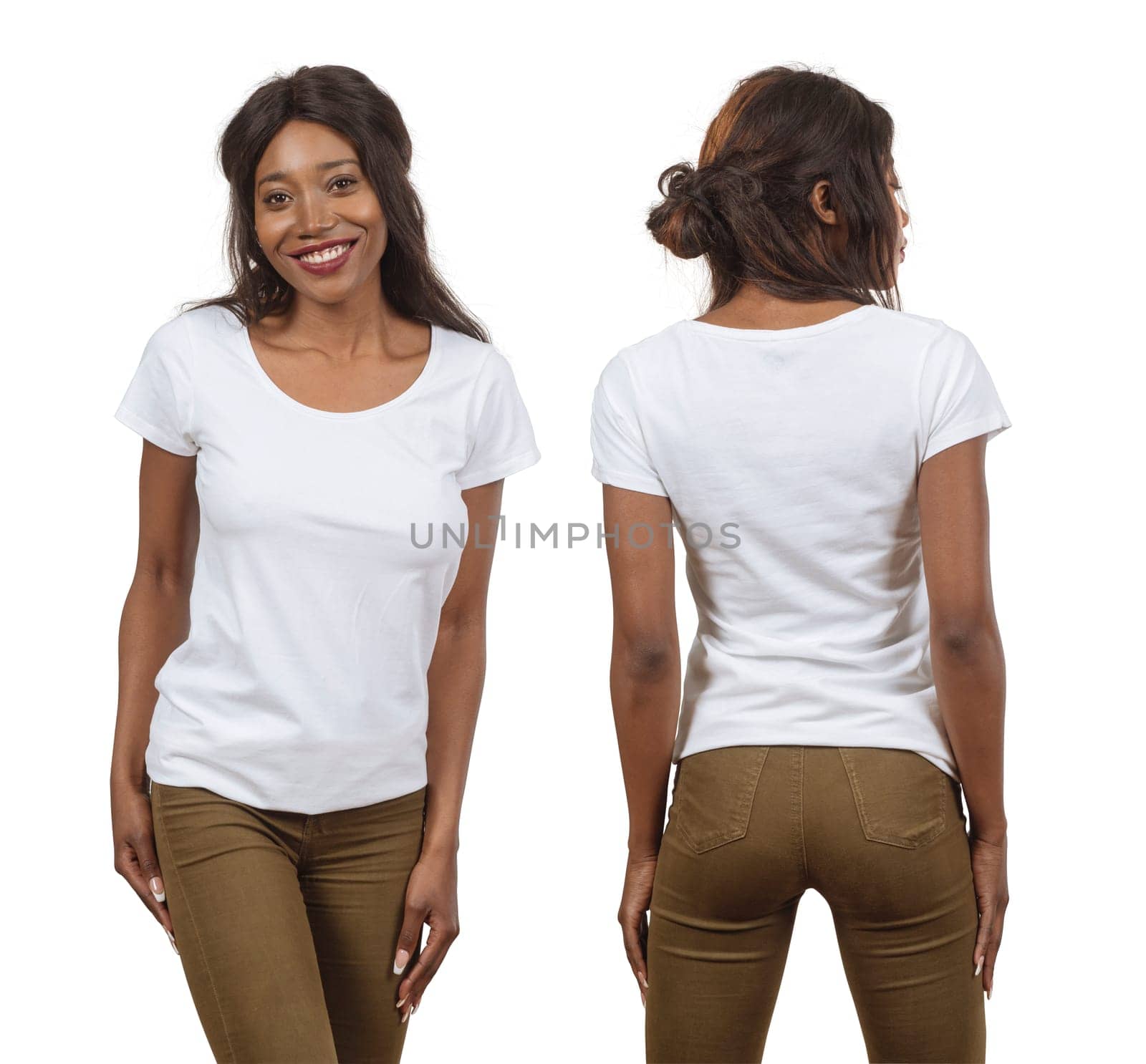 Young black woman posing with a blank white t-shirt ready for your artwork or design.