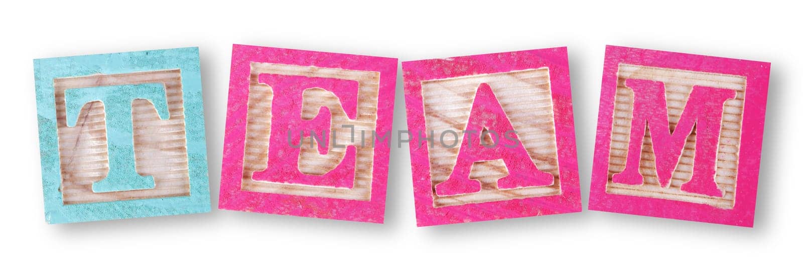 A Team concept with childs wood blocks on white with clipping path to remove shadow