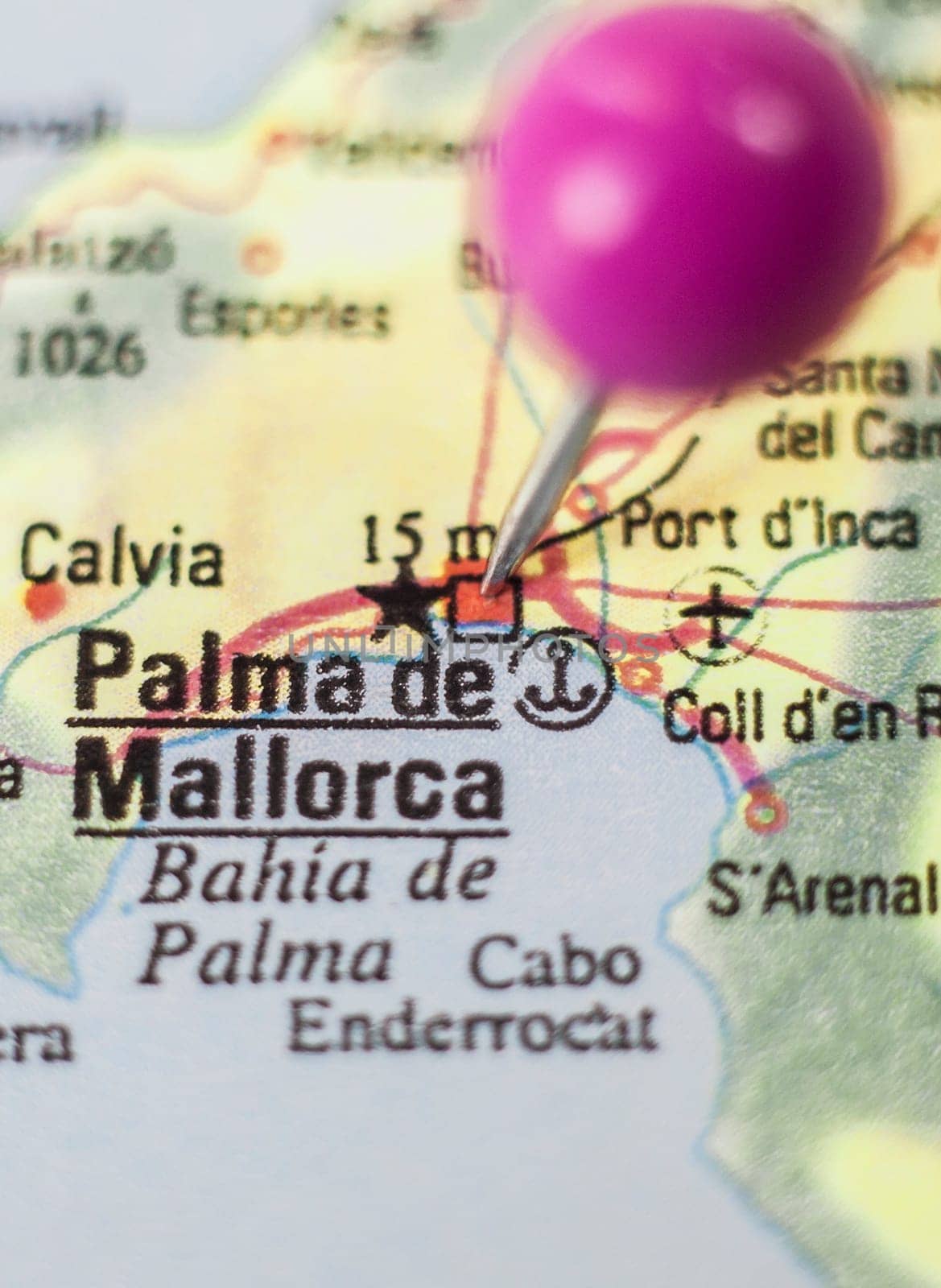 Pushpin marking on Palma de Majorca, Spain. Selective focus on city