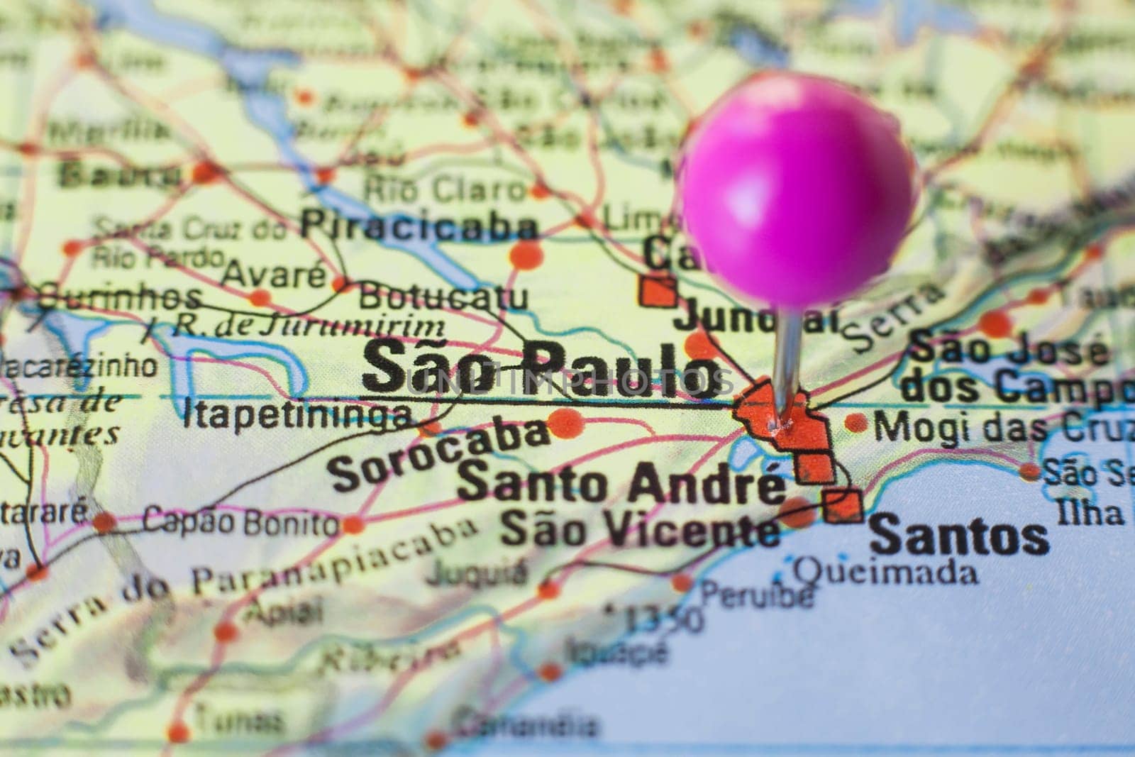 Pushpin marking on Sao Paulo, Brazil. Selective focus on city name