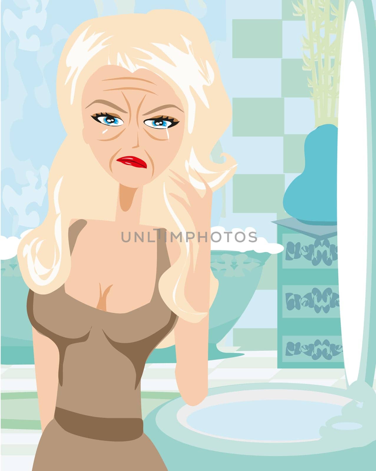 unhappy woman in front of a mirror looking at her wrinkles