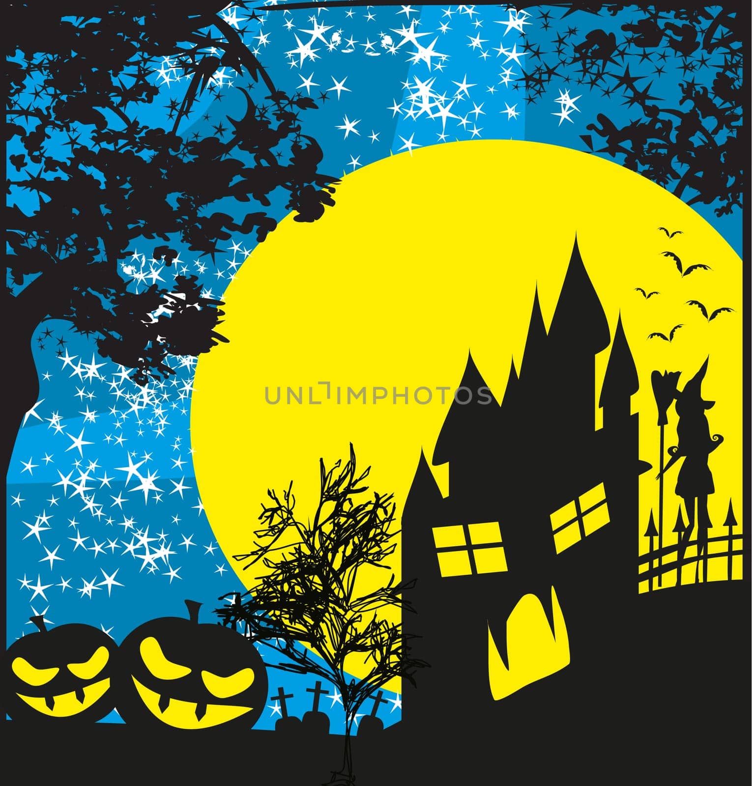 halloween invitation with haunted house, pumpkins and witch