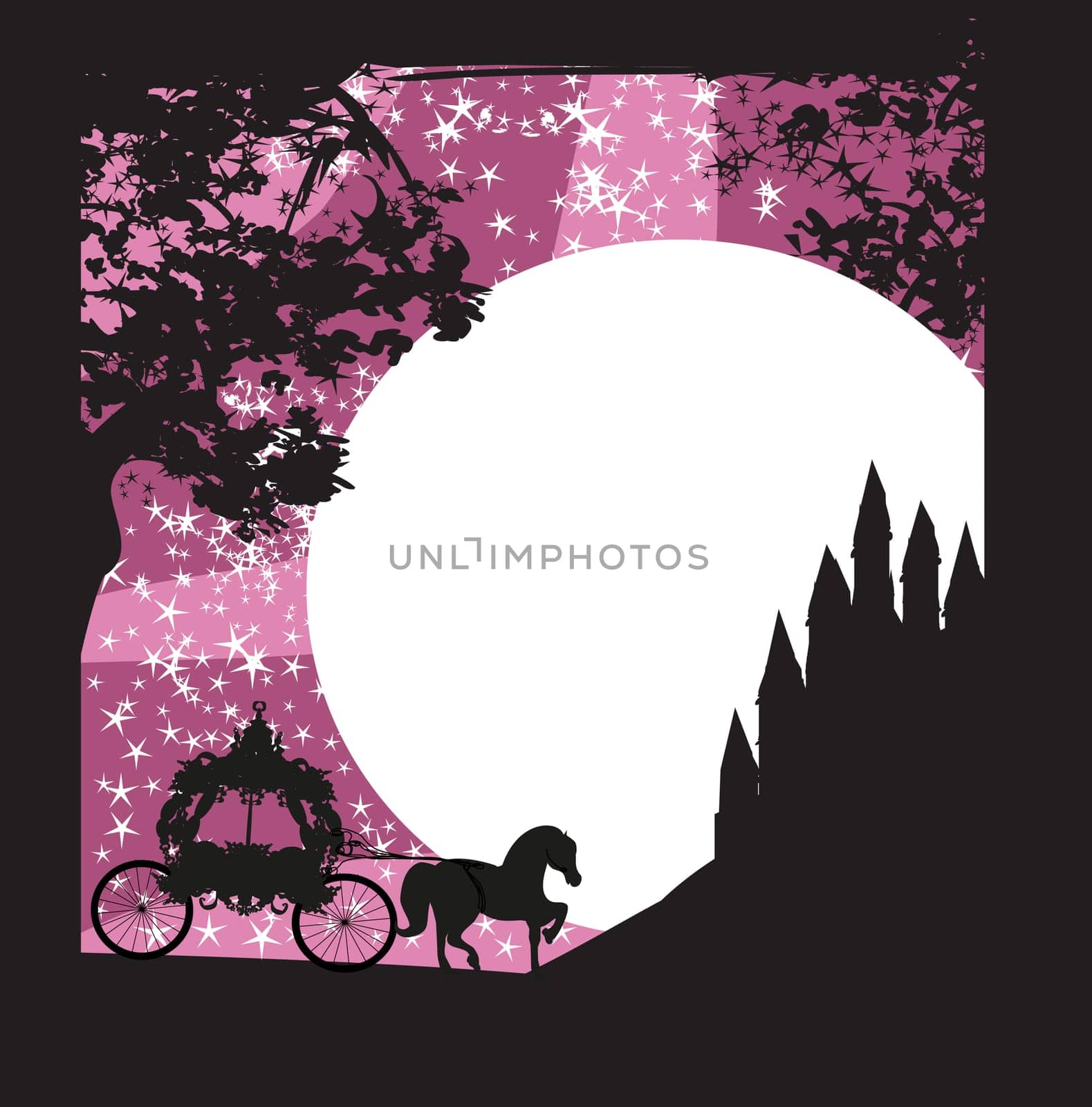 Silhouette of a horse carriage and a medieval castle