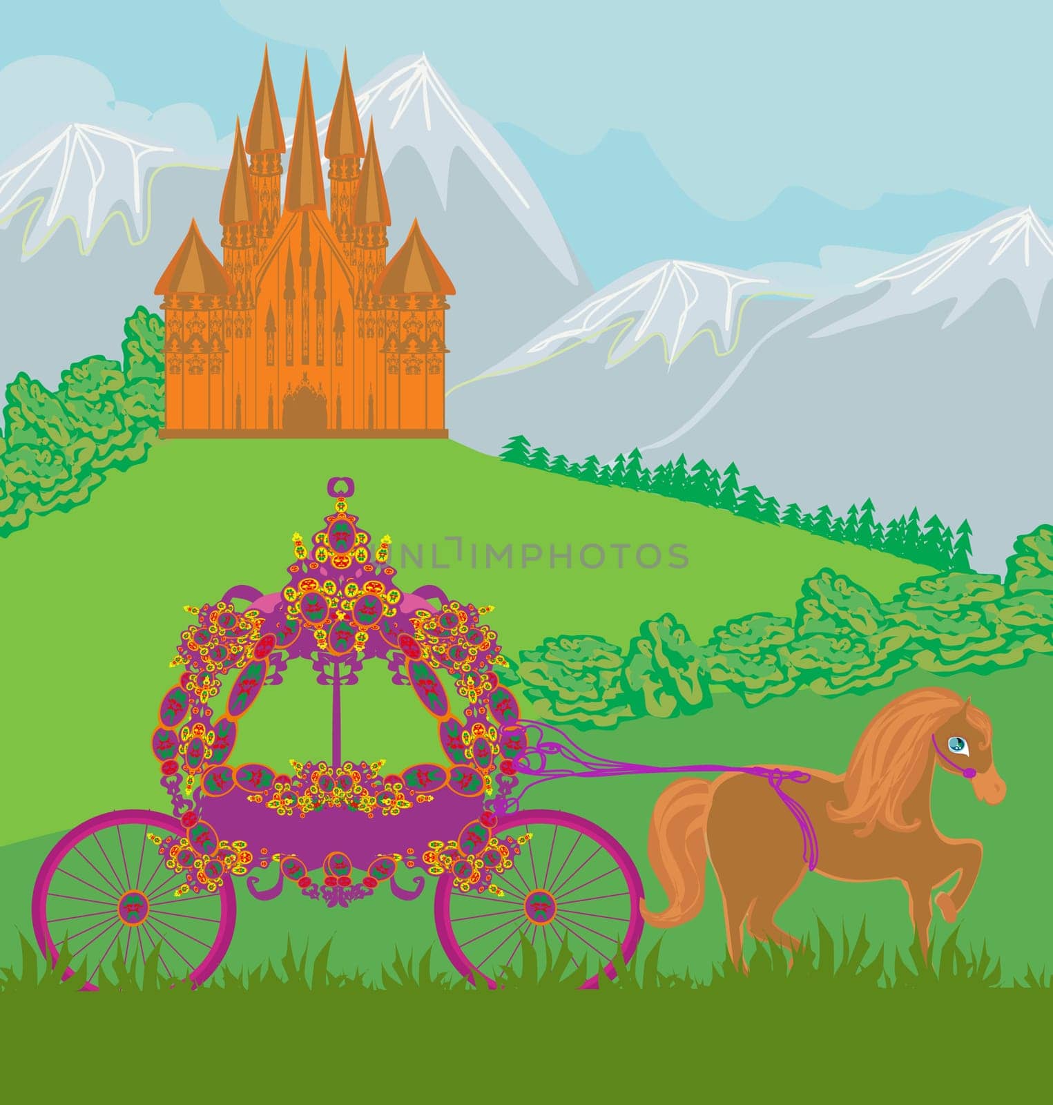 horse carriage and a medieval castle